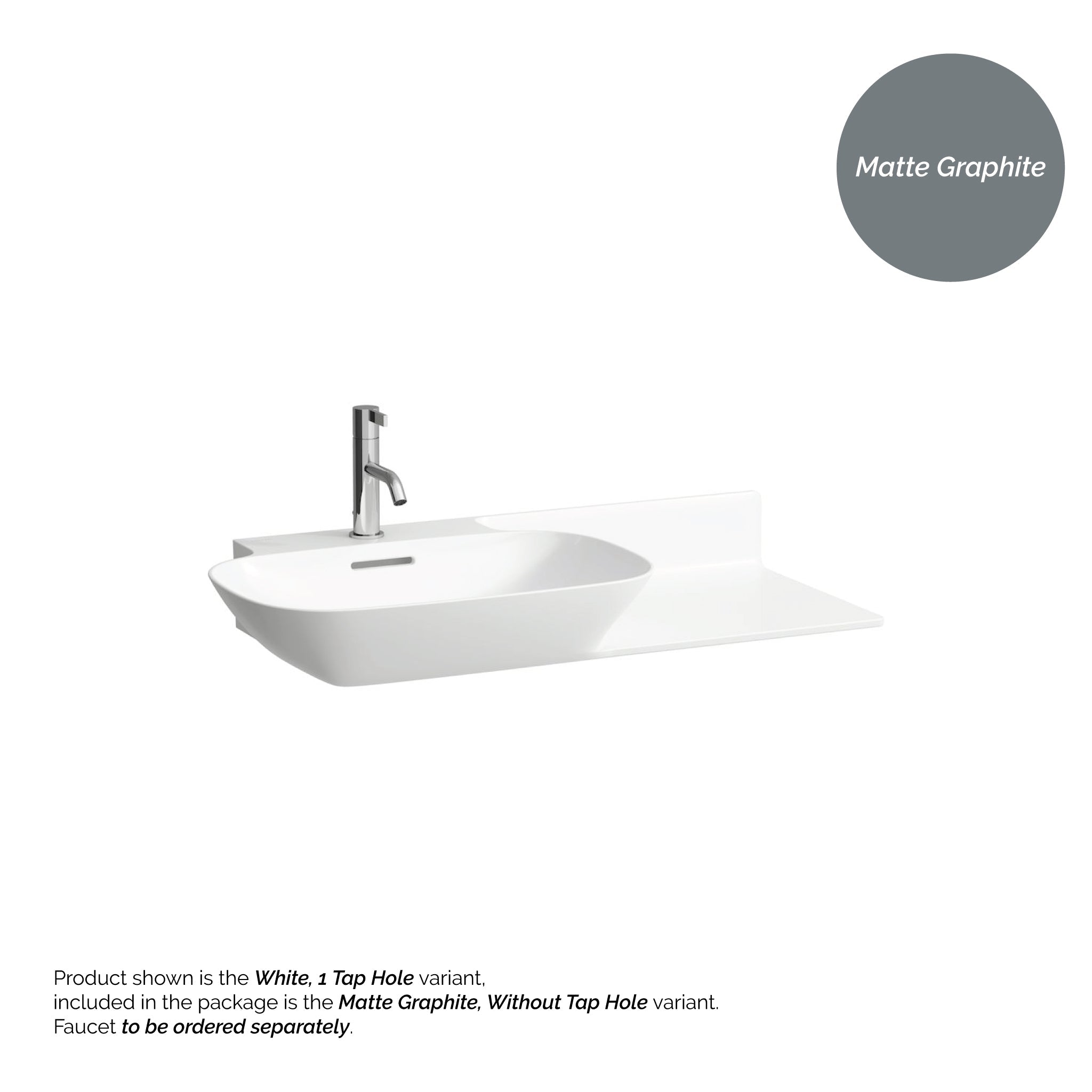 Laufen, Laufen Ino 35" x 18" Matte Graphite Wall-Mounted Shelf-Right Bathroom Sink Without Faucet Hole