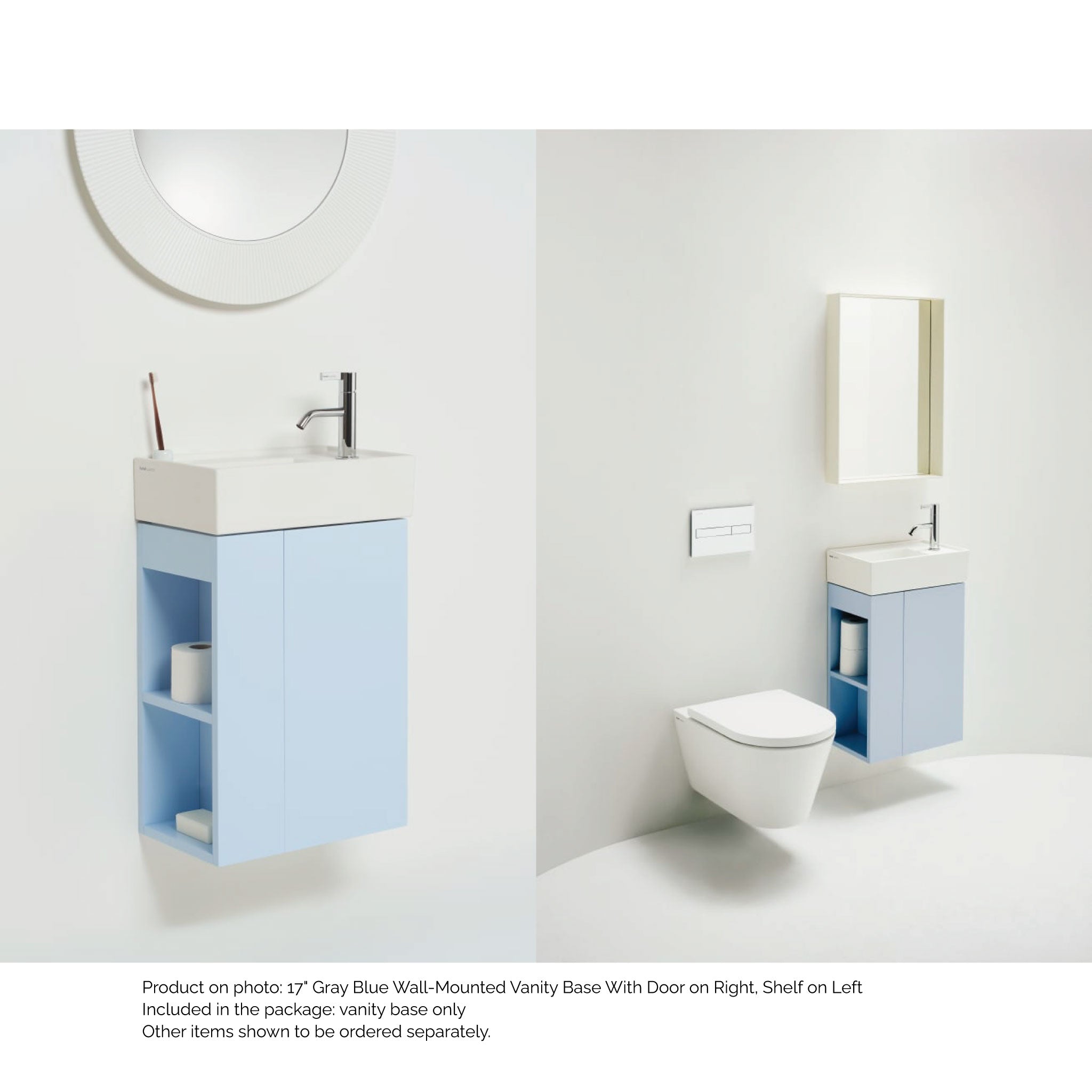 Laufen, Laufen Kartell 17" 1-Door Right-Hinged Gray Blue Wall-Mounted Vanity With 2-Tier Open Shelves