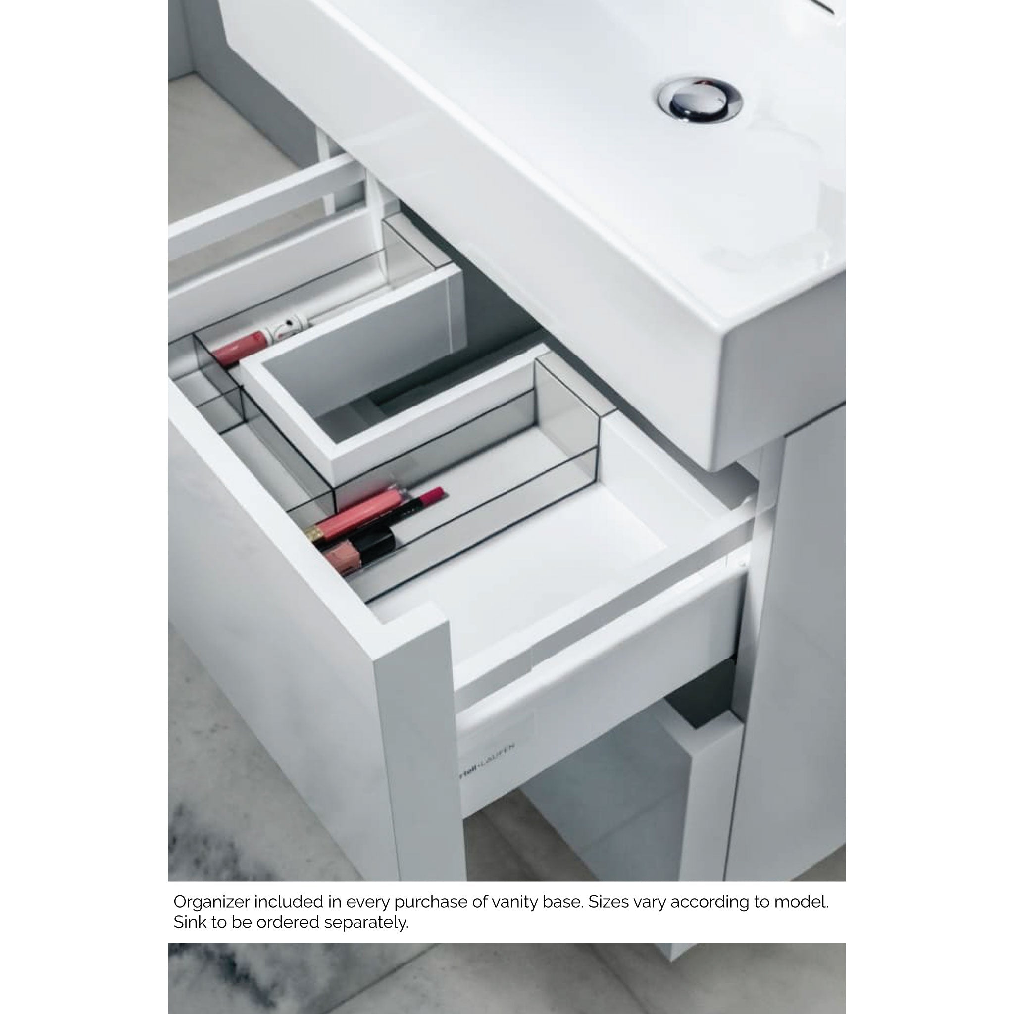 Laufen, Laufen Kartell 23" 2-Drawer White Wall-Mounted Vanity With Drawer Organizer for Kartell Bathroom Sink Model: H810334