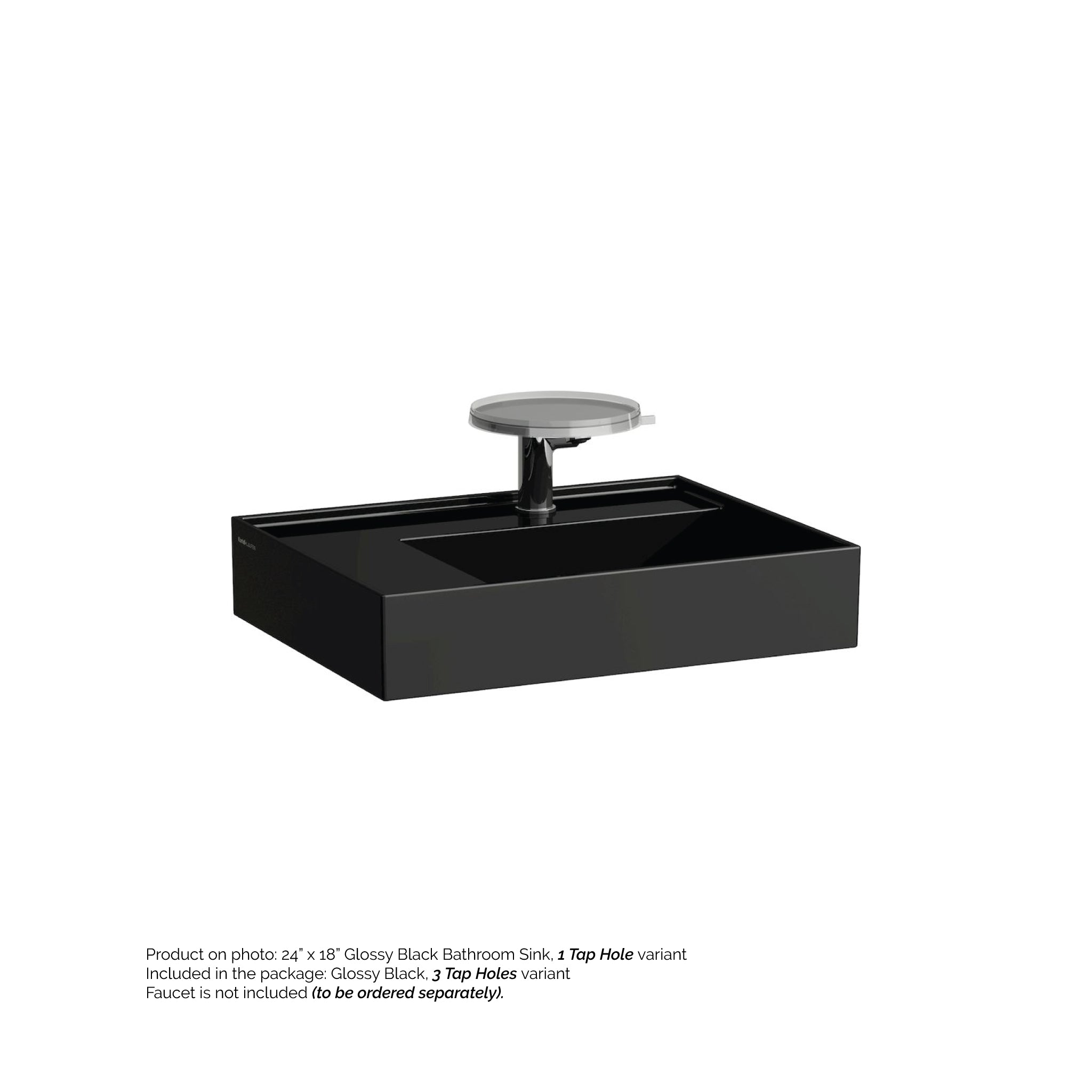 Laufen, Laufen Kartell 24" x 18" Glossy Black Wall-Mounted Shelf-Left Bathroom Sink With 3 Faucet Holes