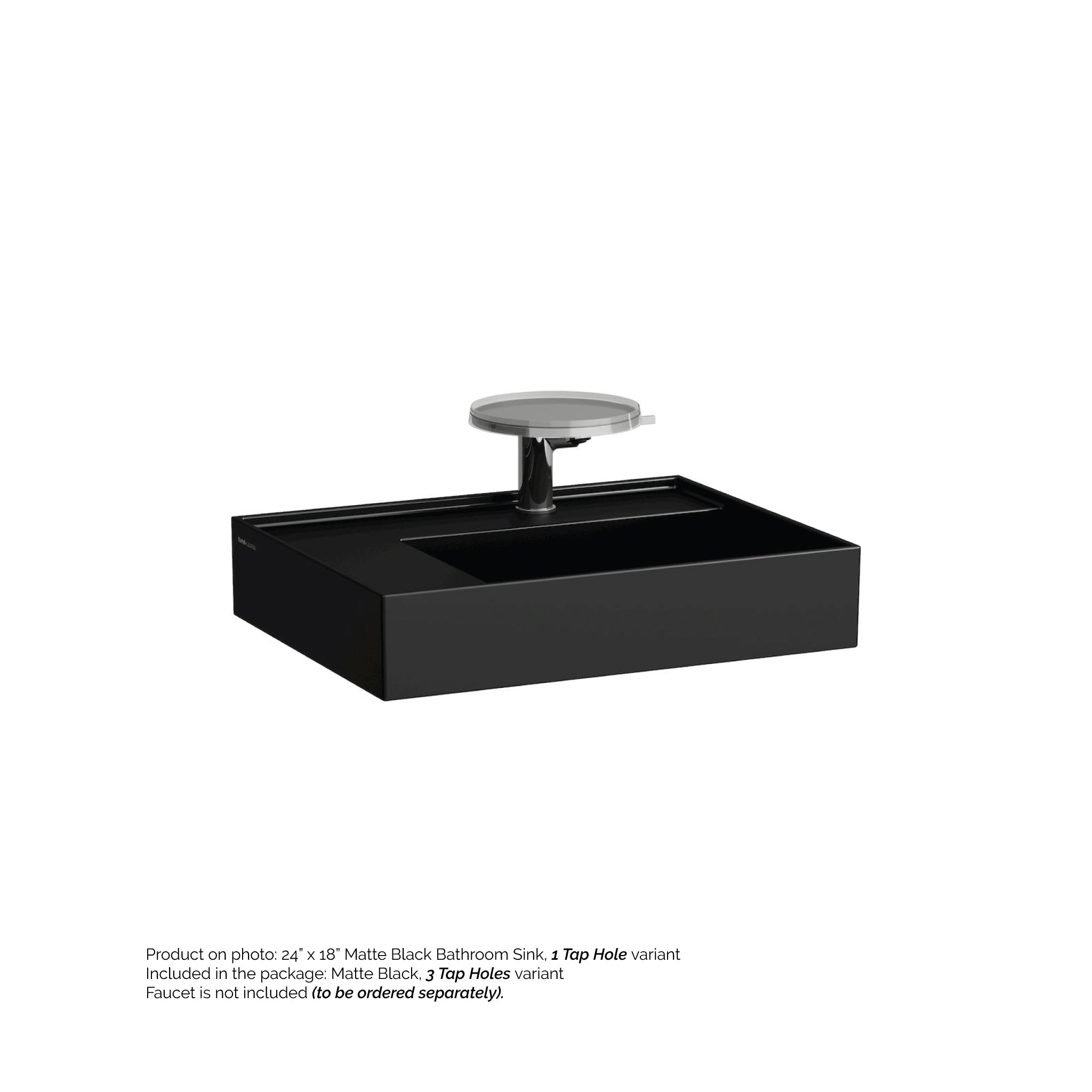 Laufen, Laufen Kartell 24" x 18" Matte Black Wall-Mounted Shelf-Left Bathroom Sink With 3 Faucet Holes