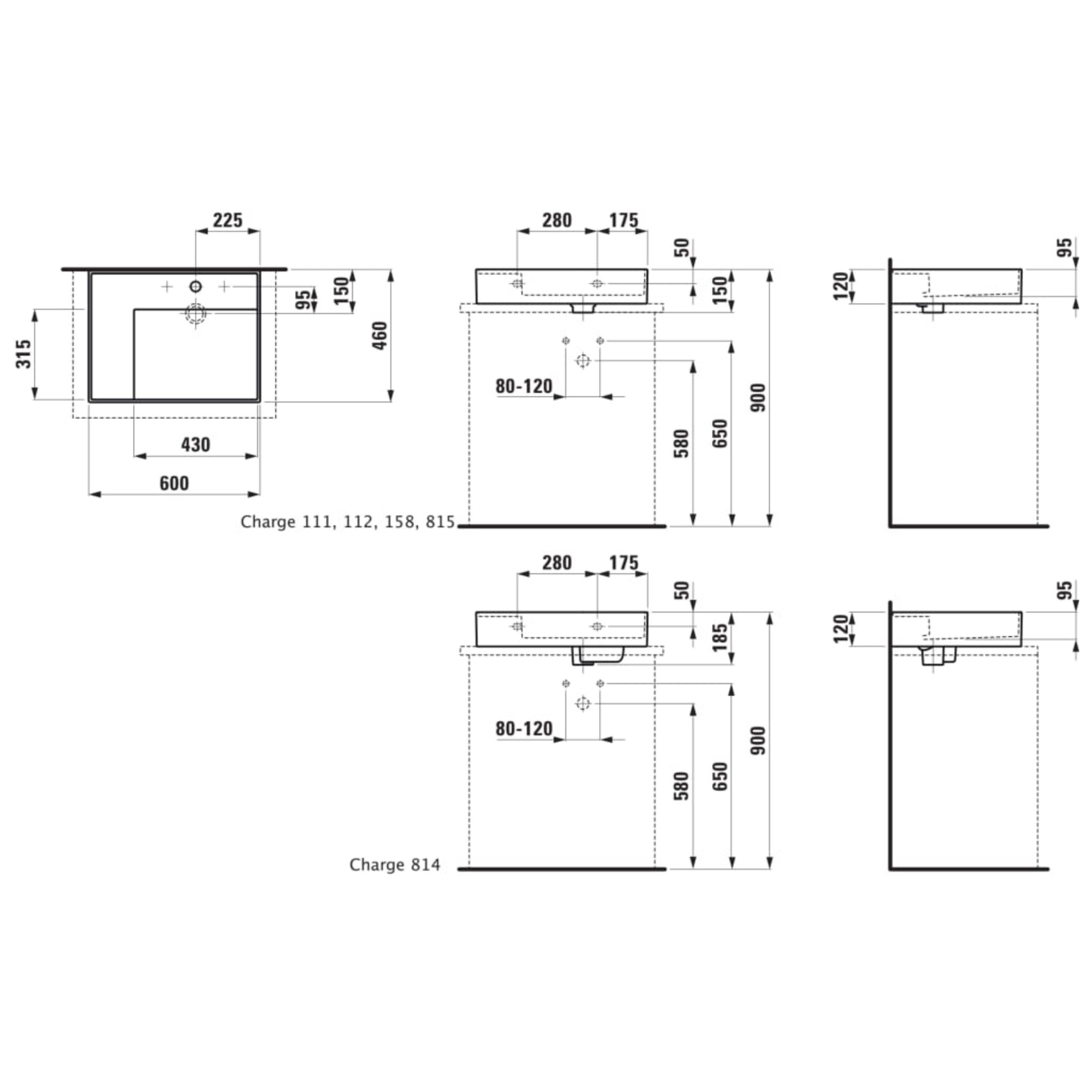 Laufen, Laufen Kartell 24" x 18" Matte Graphite Countertop Shelf-Left Bathroom Sink With 3 Faucet Holes