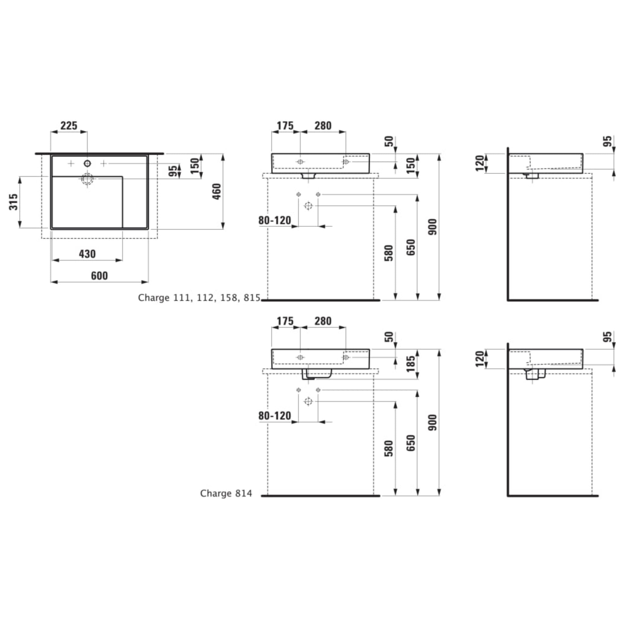 Laufen, Laufen Kartell 24" x 18" Matte Graphite Countertop Shelf-Right Bathroom Sink With 3 Faucet Holes