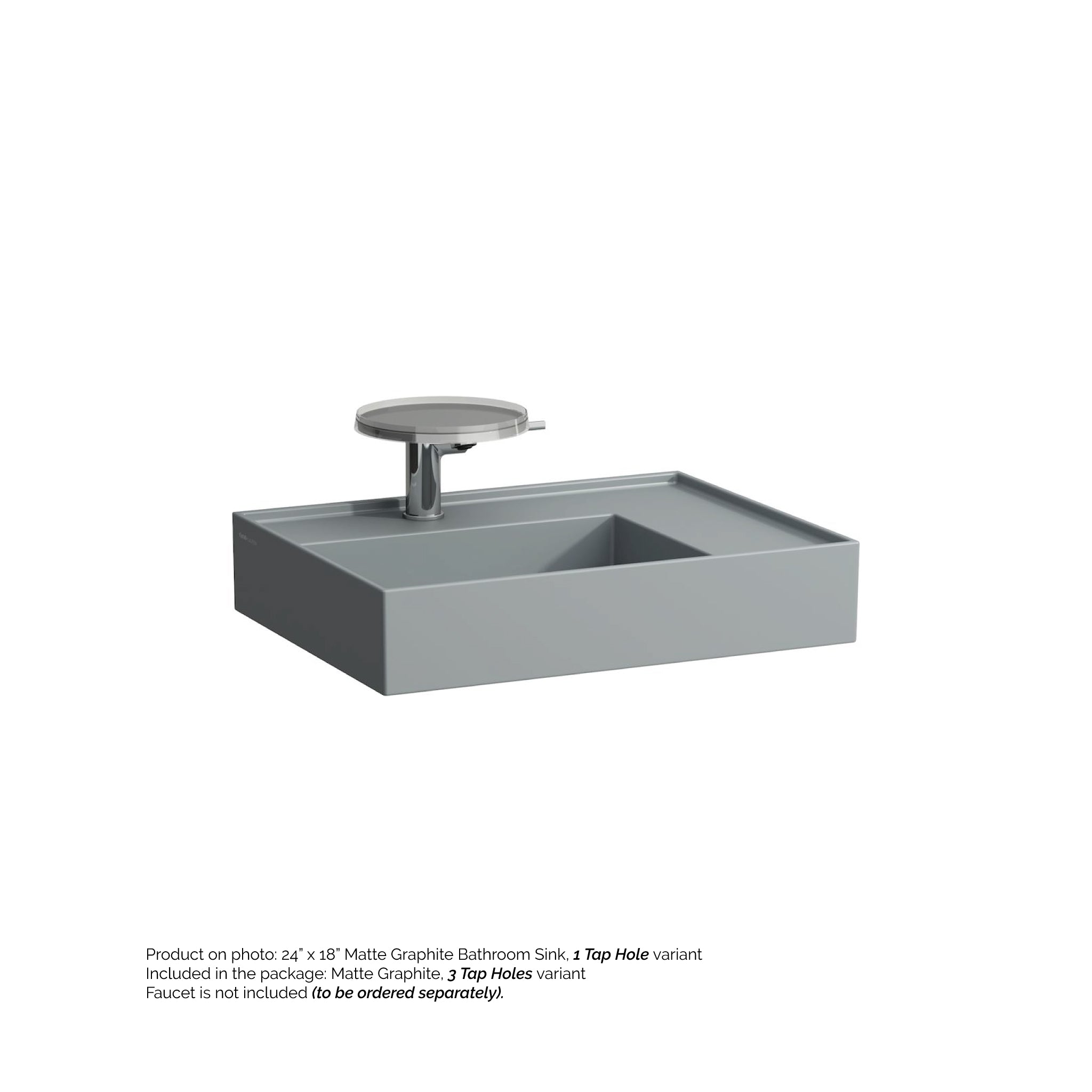 Laufen, Laufen Kartell 24" x 18"  Matte Graphite Wall-Mounted Shelf-Right Bathroom Sink With 3 Faucet Holes