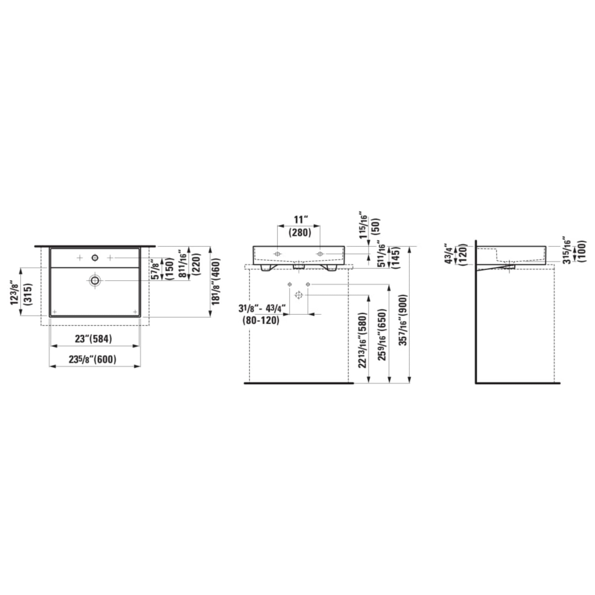 Laufen, Laufen Kartell 24" x 18" Matte Gray Countertop Bathroom Sink With 3 Faucet Holes