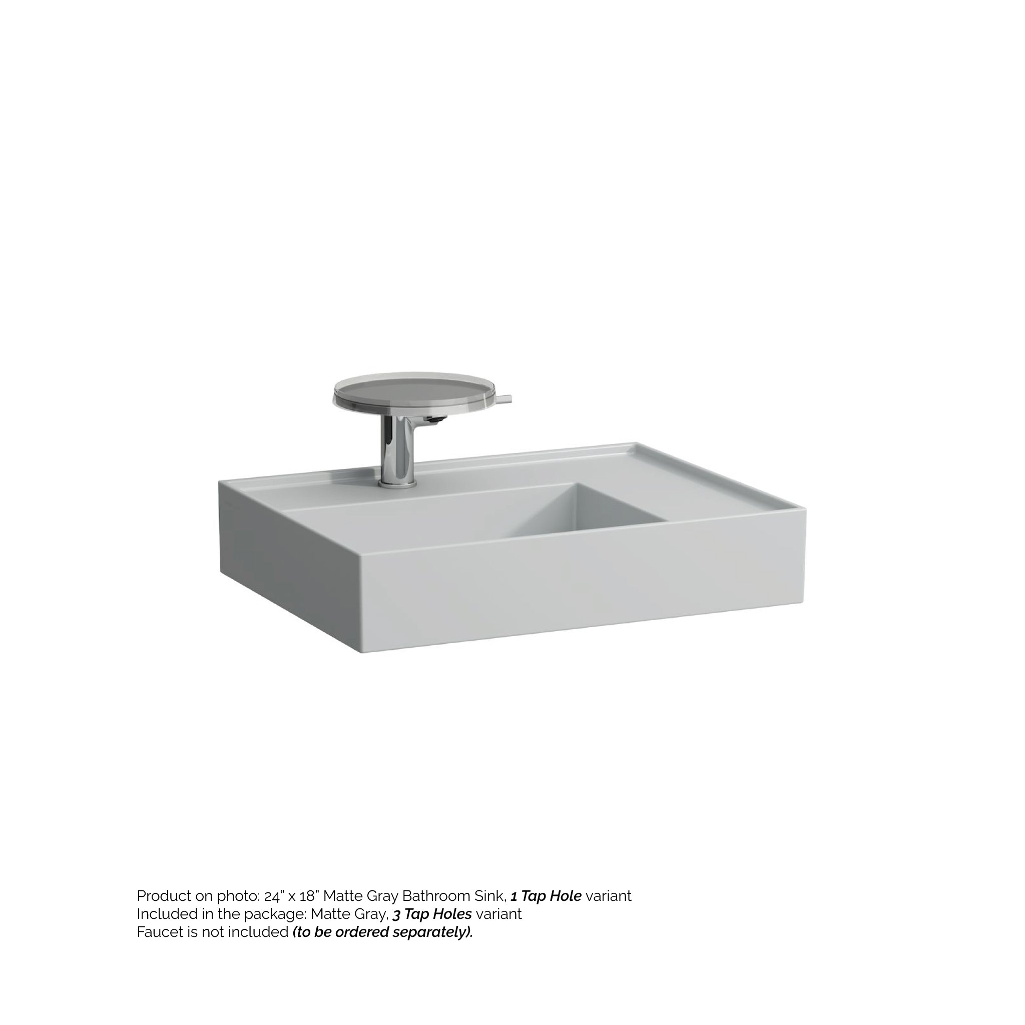 Laufen, Laufen Kartell 24" x 18"  Matte Gray Wall-Mounted Shelf-Right Bathroom Sink With 3 Faucet Holes