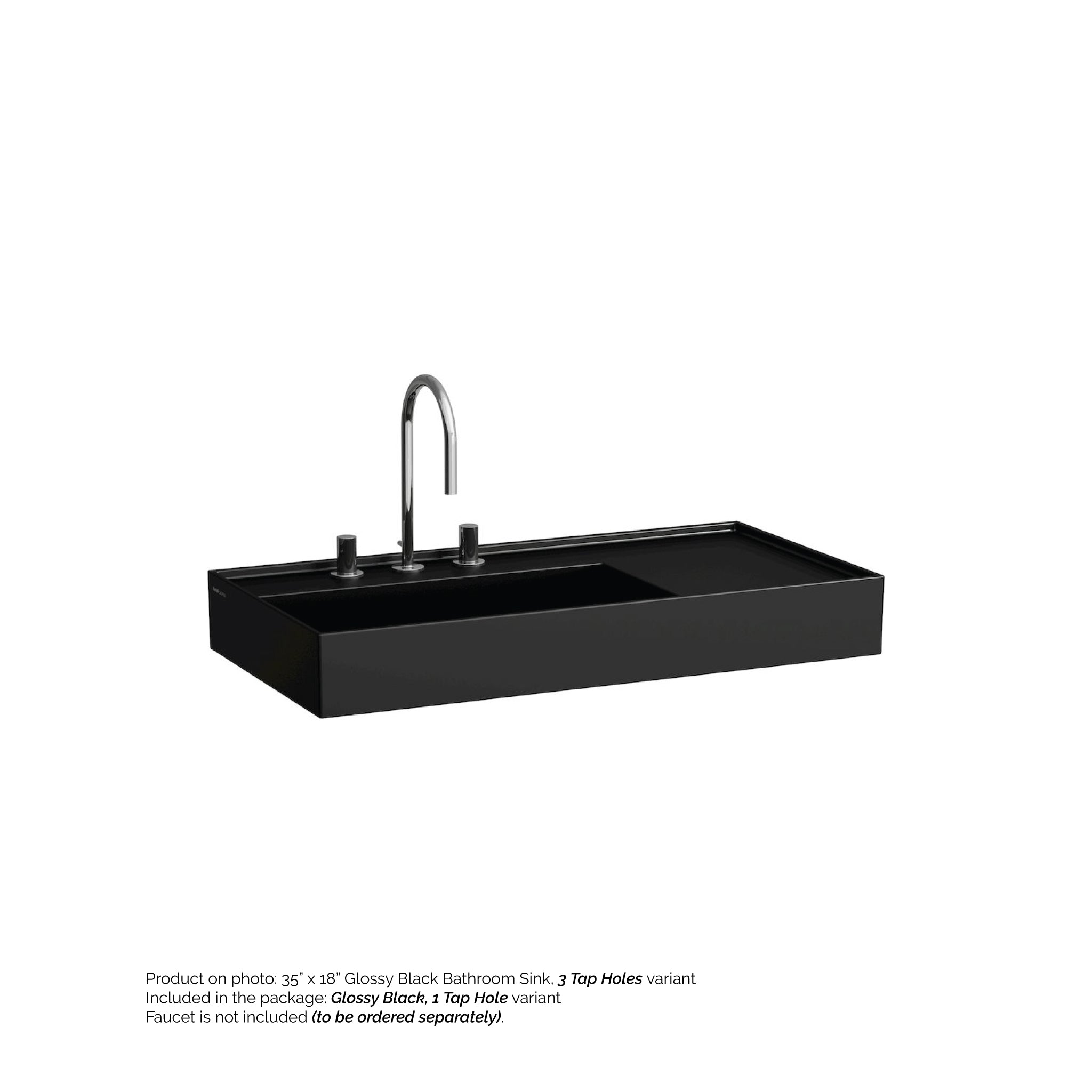 Laufen, Laufen Kartell 35" x 18" Glossy Black Wall-Mounted Shelf-Right Bathroom Sink With Faucet Hole