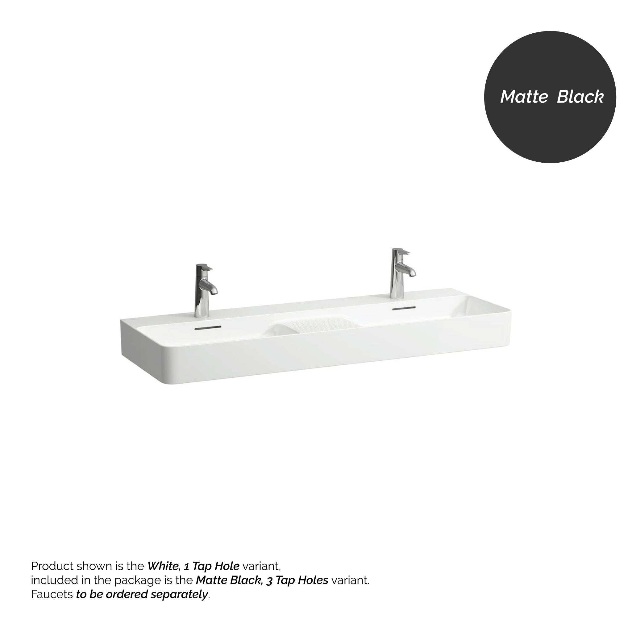 Laufen, Laufen Val 47" x 17" Matte Black Ceramic Wall-Mounted Double Bathroom Sink With 6 Faucet Holes