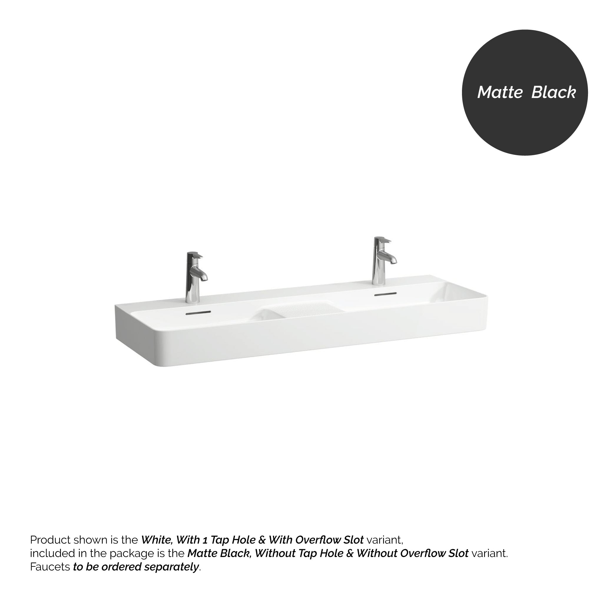 Laufen, Laufen Val 47" x 17" Matte Black Ceramic Wall-Mounted Double Bathroom Sink Without Faucet Hole and Overflow Slot