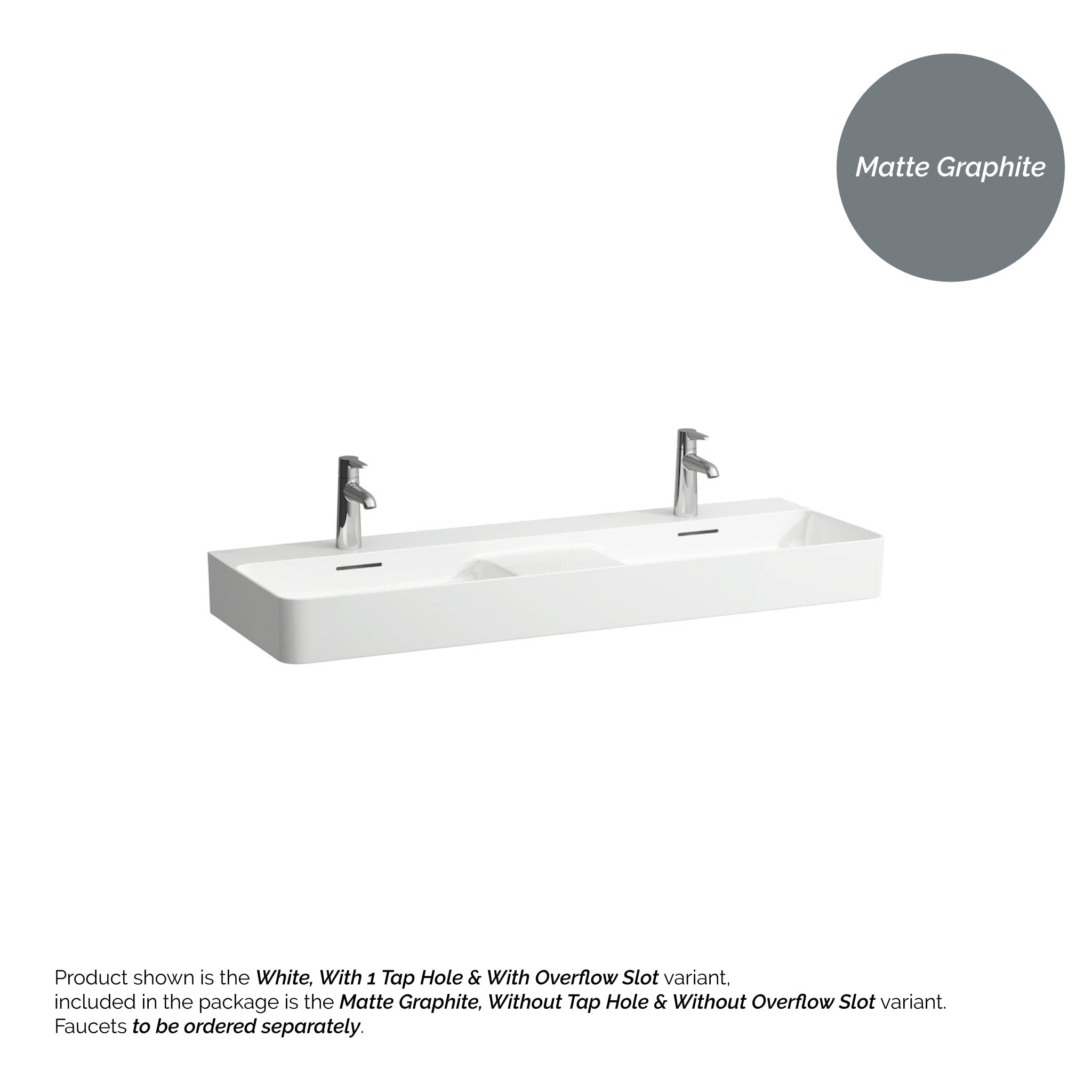 Laufen, Laufen Val 47" x 17" Matte Graphite Ceramic Wall-Mounted Double Bathroom Sink Without Faucet Hole and Overflow Slot