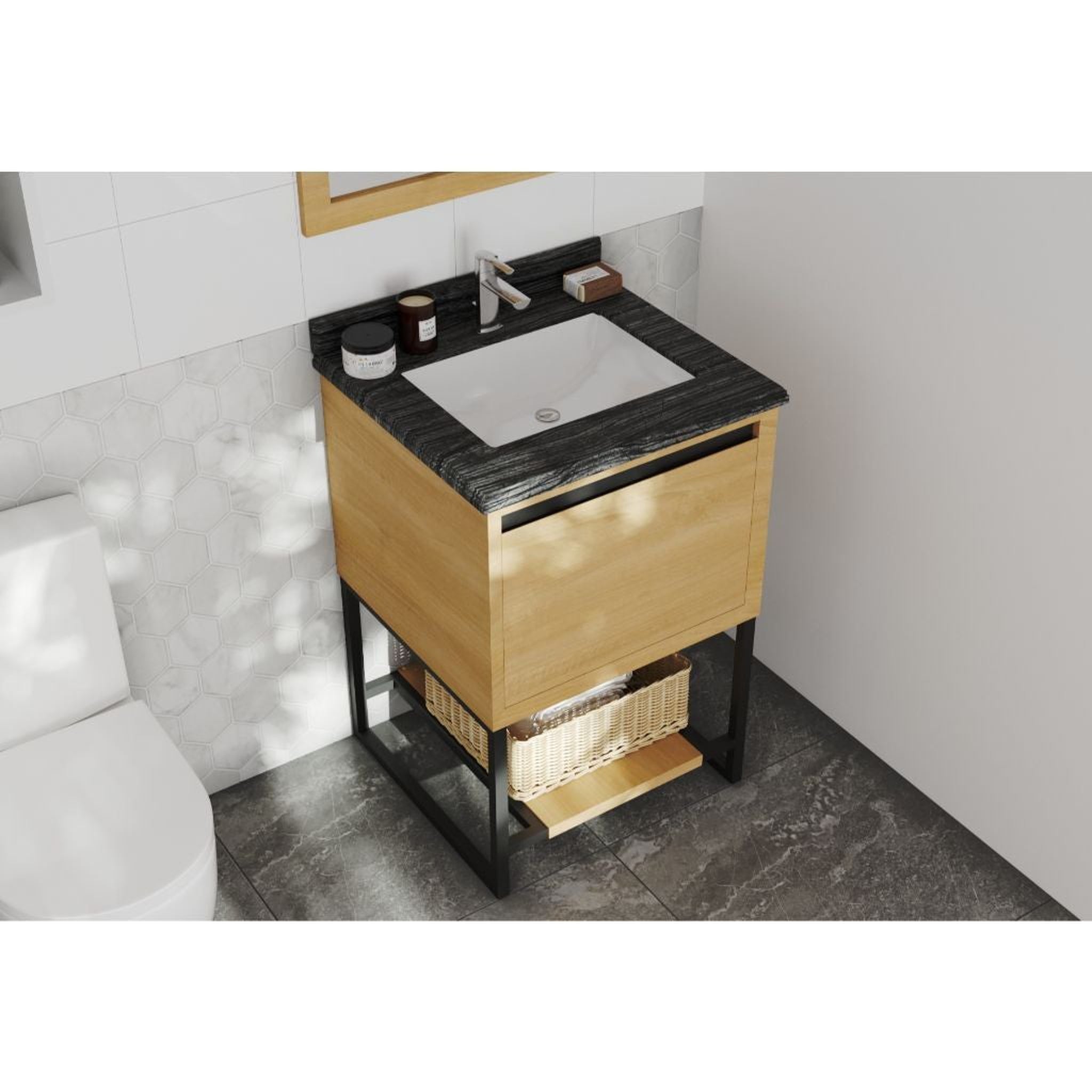 Laviva, Laviva Alto 24" California White Oak Vanity Base and Black Wood Marble Countertop With Rectangular Ceramic Sink