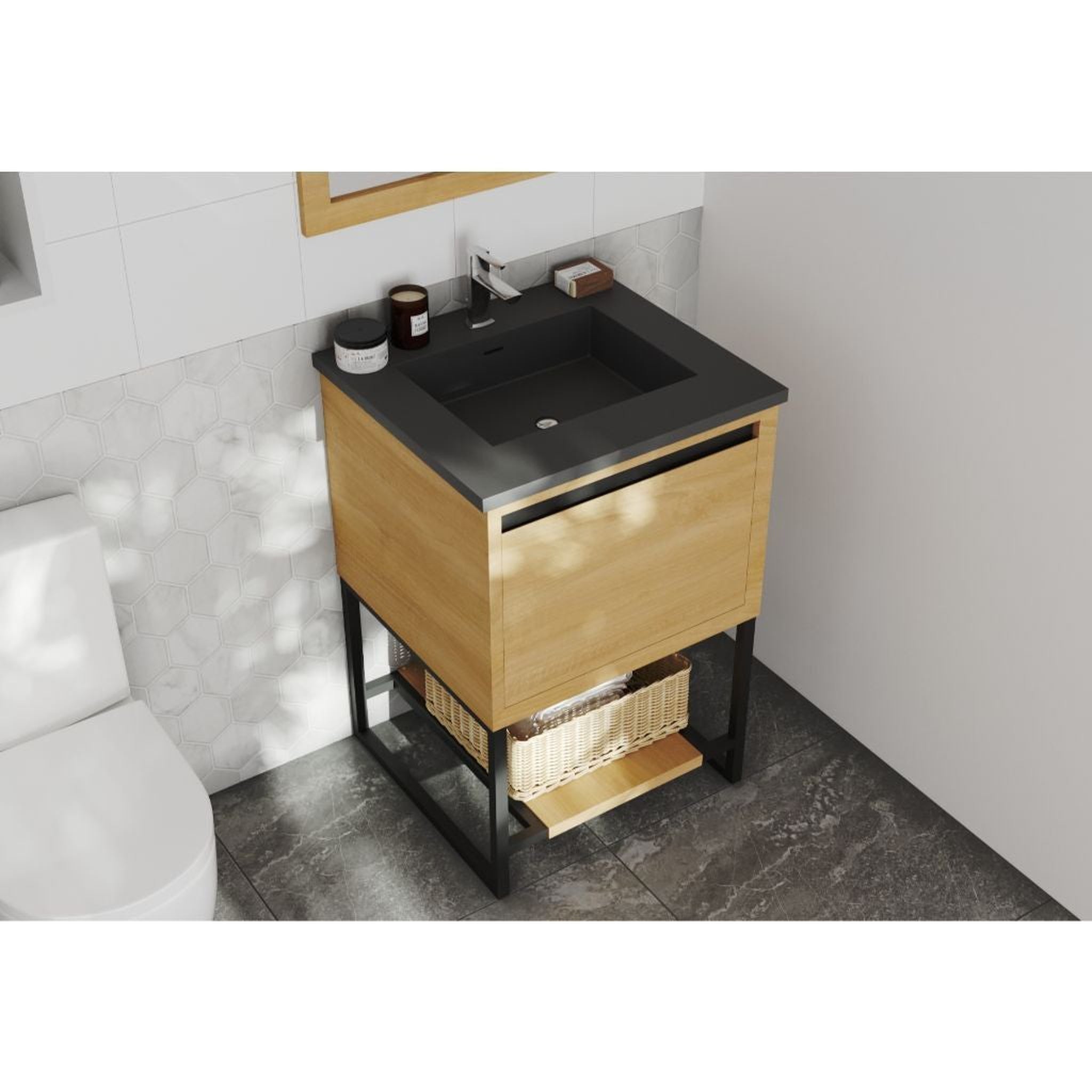 Laviva, Laviva Alto 24" California White Oak Vanity Base and Matte Black Solid Surface Countertop With Integrated Sink