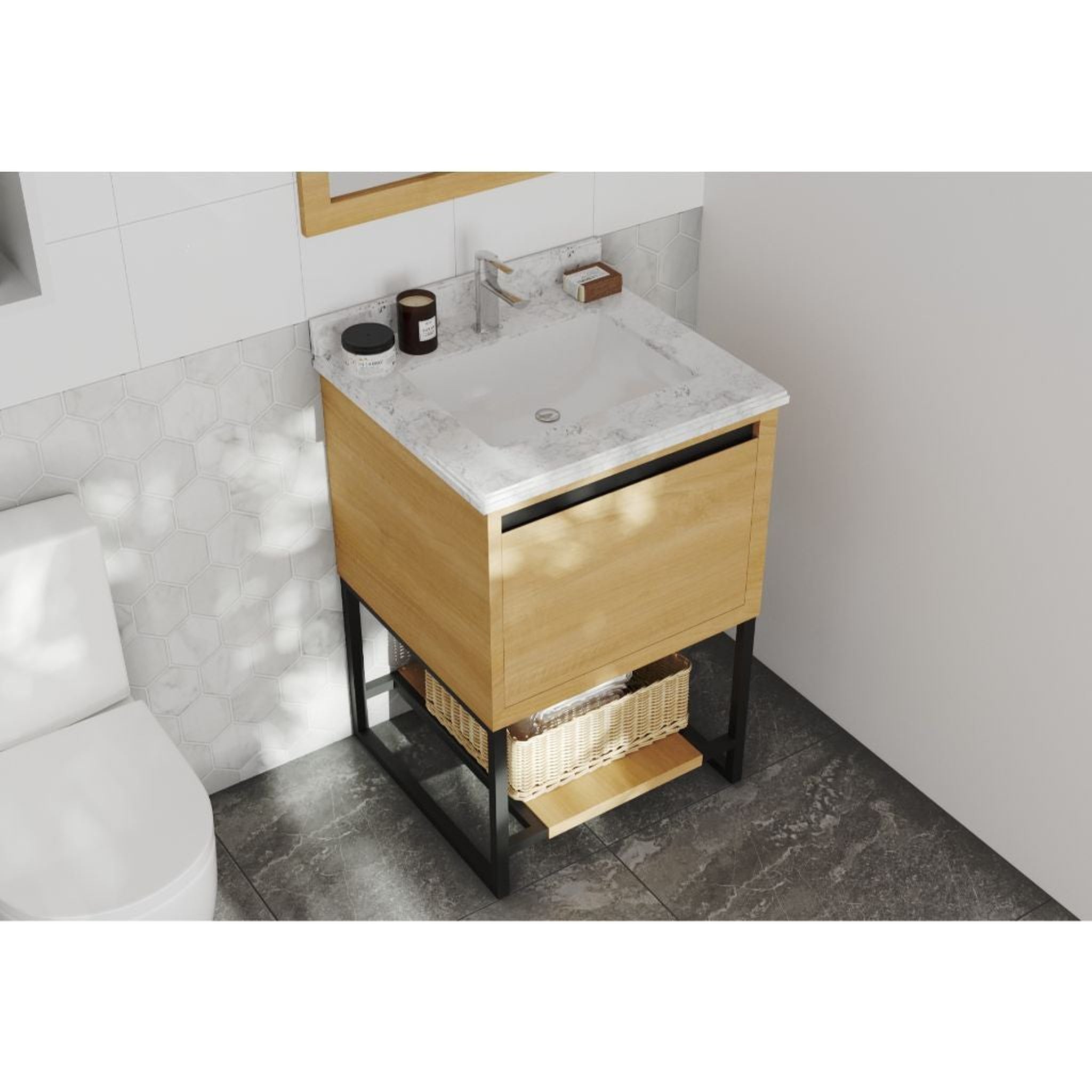 Laviva, Laviva Alto 24" California White Oak Vanity Base and White Carrara Marble Countertop With Rectangular Ceramic Sink