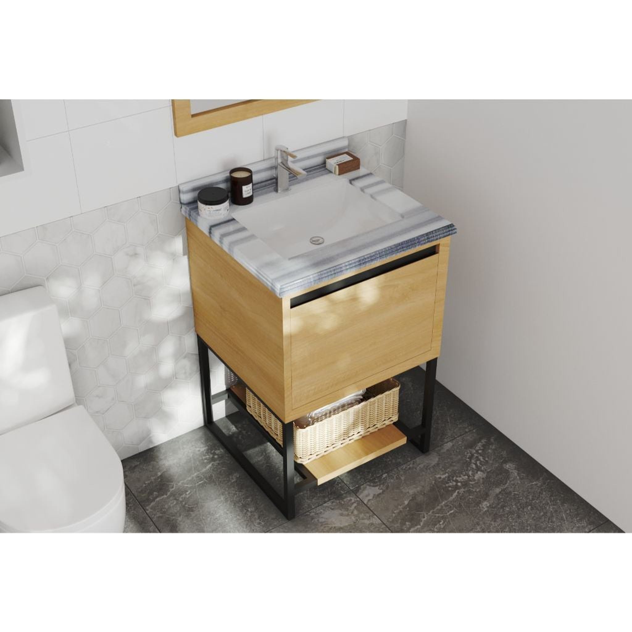 Laviva, Laviva Alto 24" California White Oak Vanity Base and White Stripes Marble Countertop With Rectangular Ceramic Sink