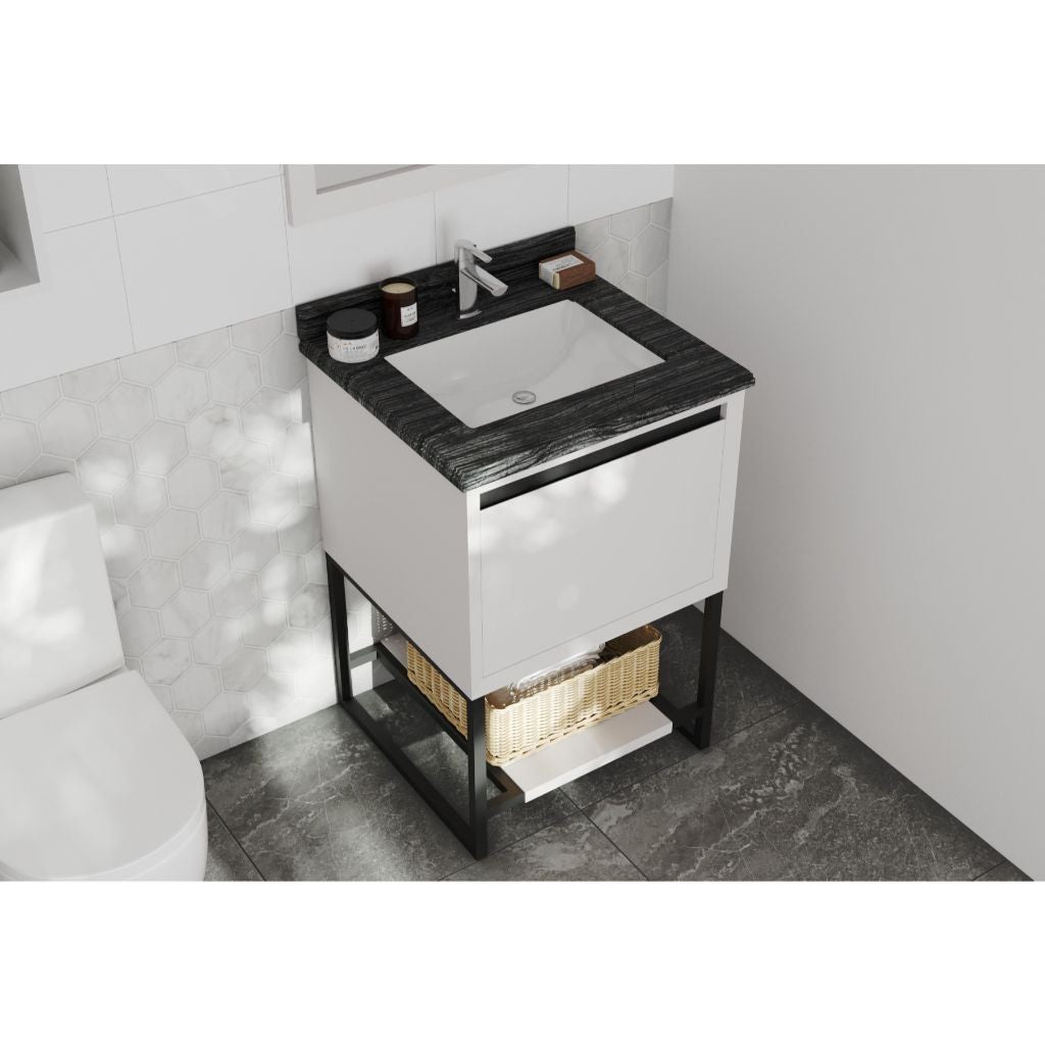 Laviva, Laviva Alto 24" White Vanity Base and Black Wood Marble Countertop With Rectangular Ceramic Sink