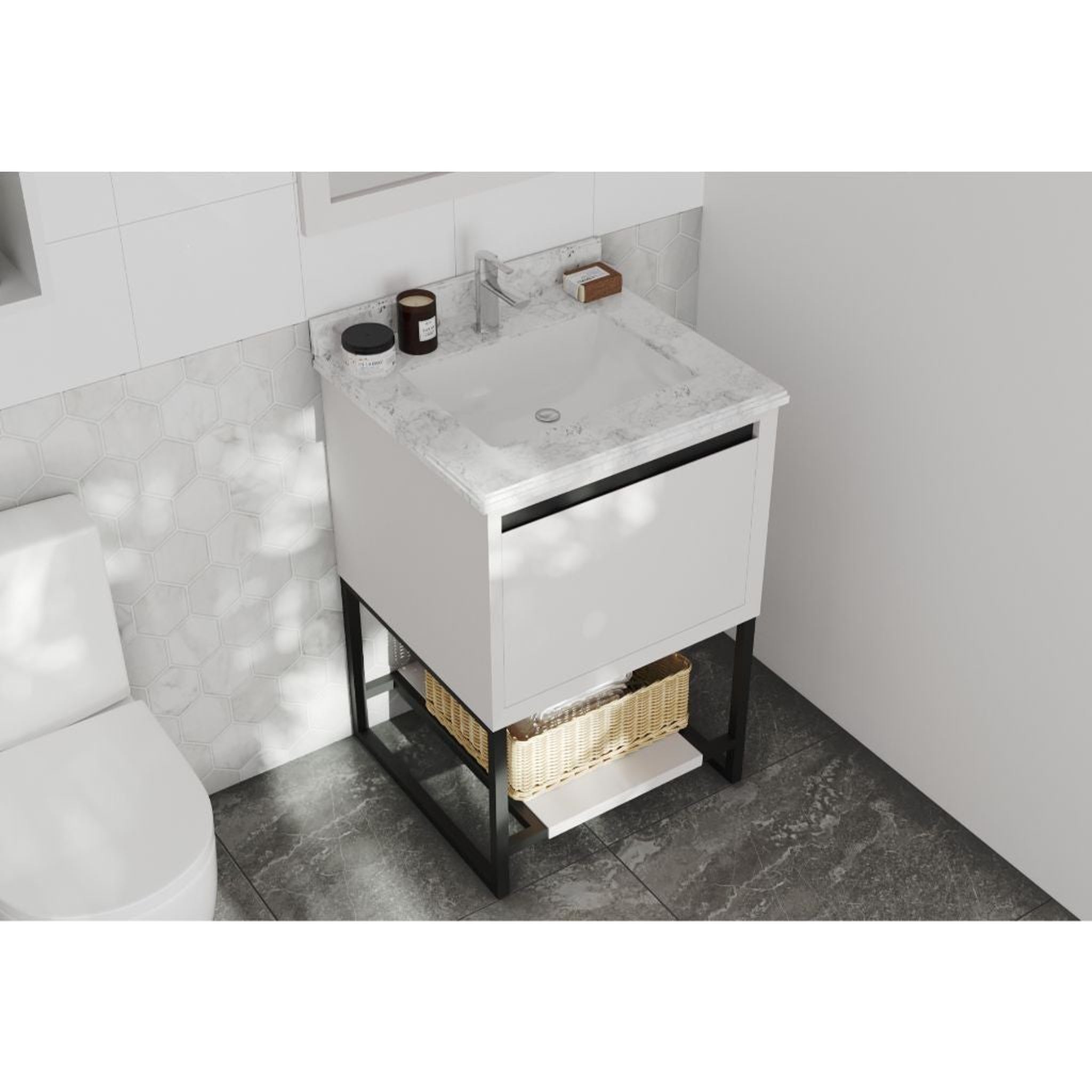 Laviva, Laviva Alto 24" White Vanity Base and White Carrara Marble Countertop With Rectangular Ceramic Sink