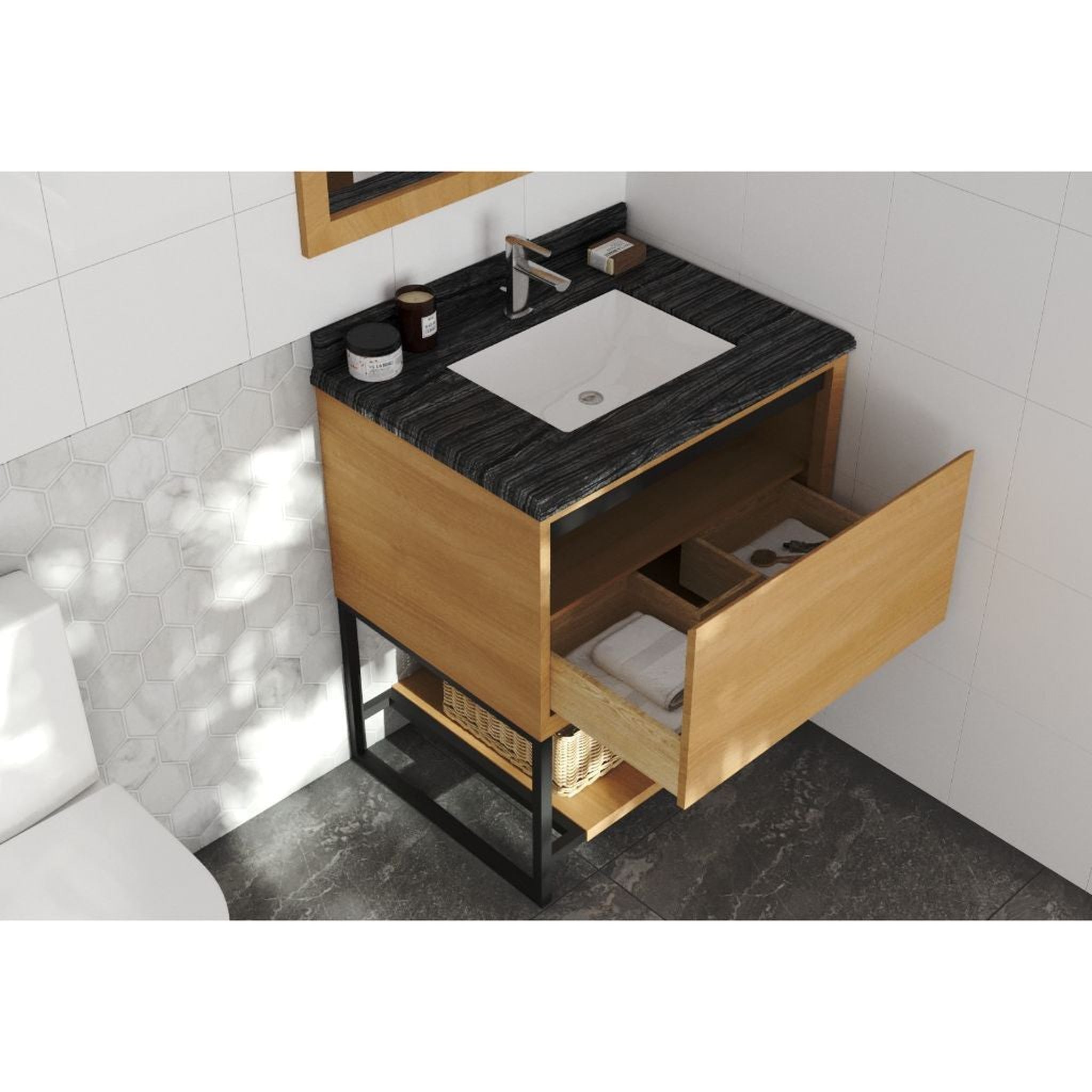 Laviva, Laviva Alto 30" California White Oak Vanity Base and Black Wood Marble Countertop With Rectangular Ceramic Sink