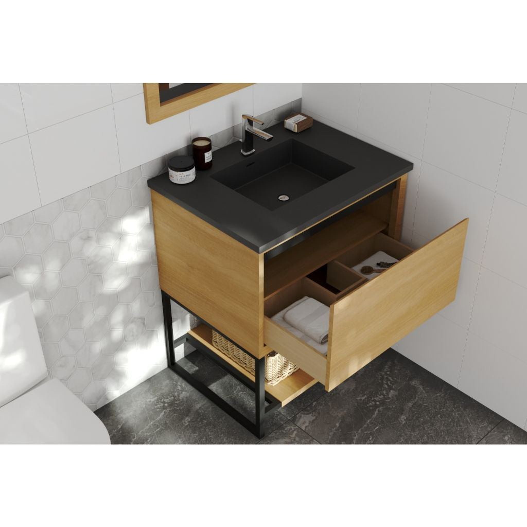 Laviva, Laviva Alto 30" California White Oak Vanity Base and Matte Black Solid Surface Countertop with Integrated Sink