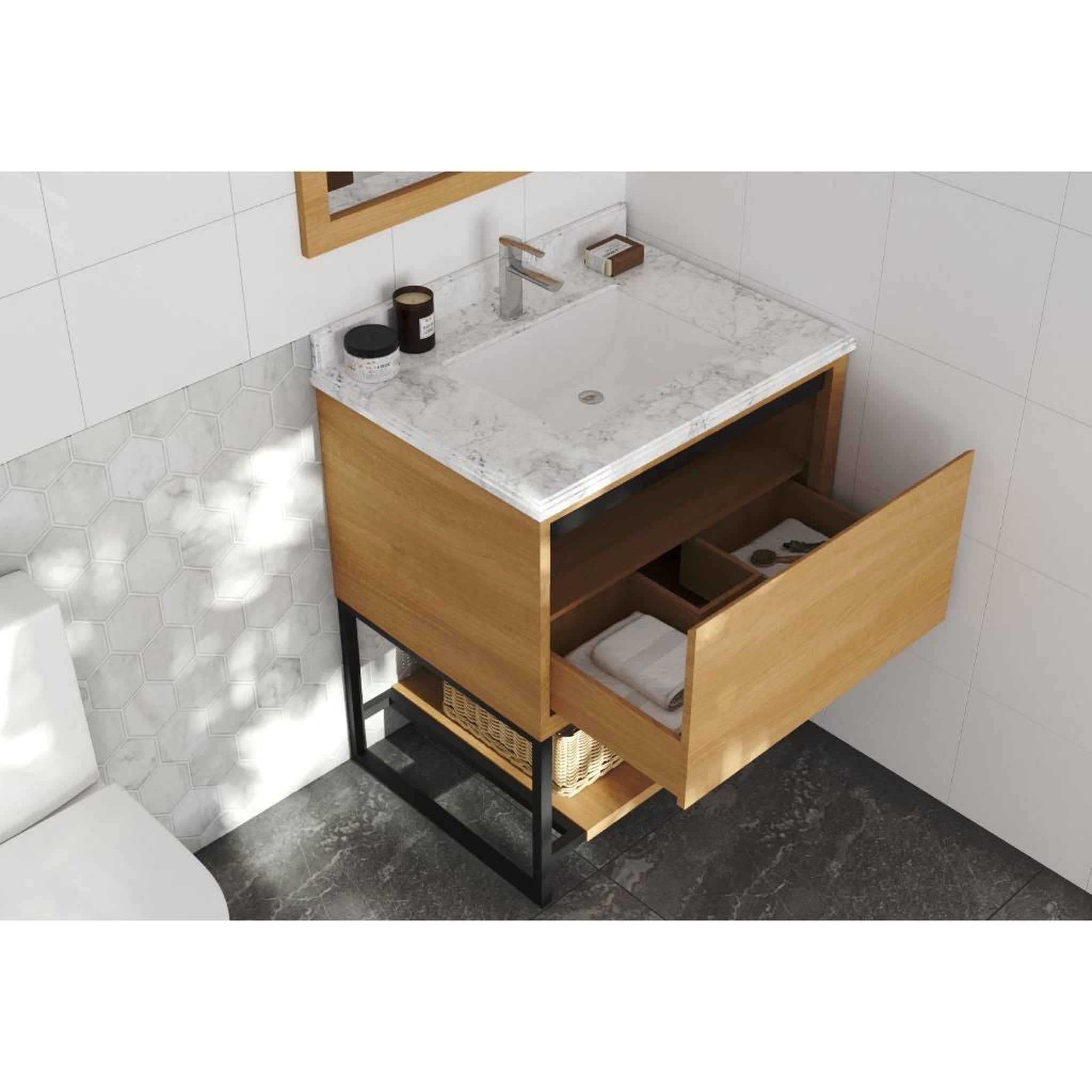 Laviva, Laviva Alto 30" California White Oak Vanity Base and White Carrara Marble Countertop With Rectangular Ceramic Sink