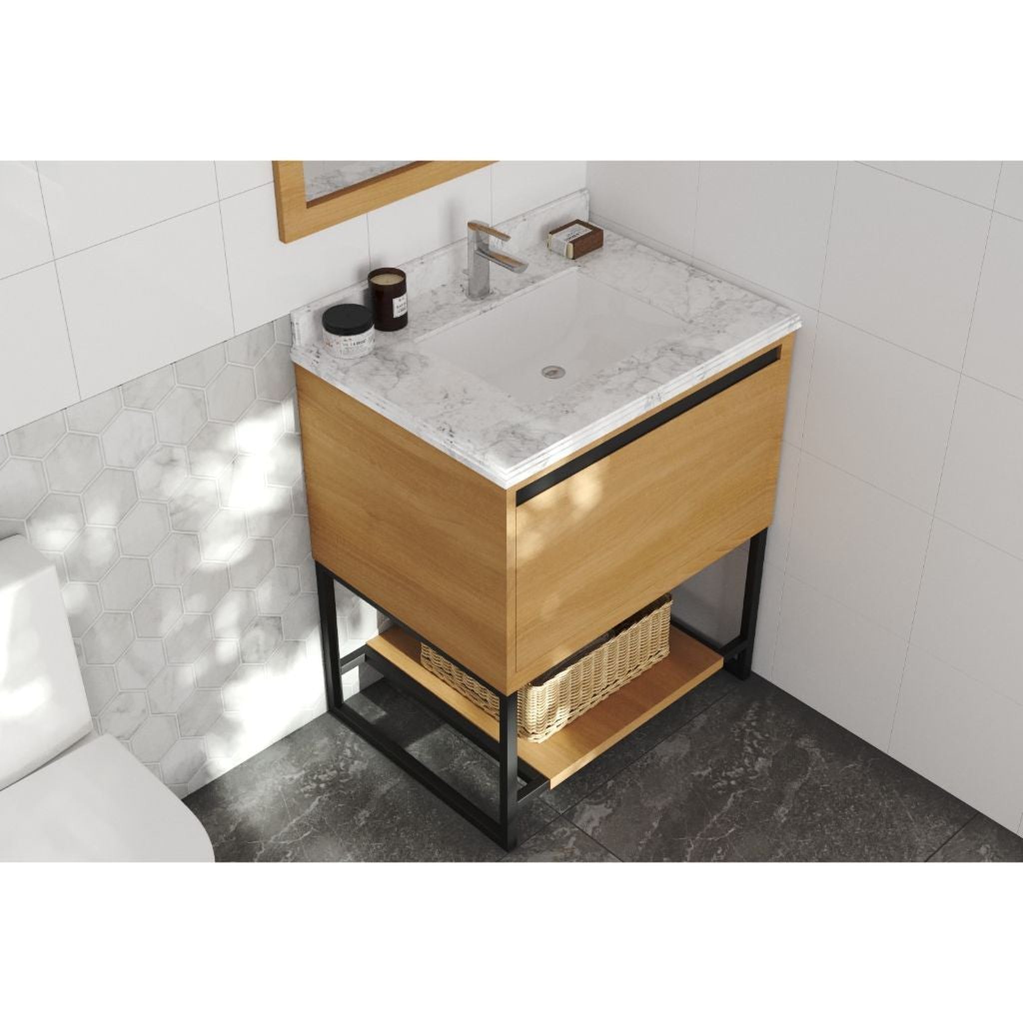 Laviva, Laviva Alto 30" California White Oak Vanity Base and White Carrara Marble Countertop With Rectangular Ceramic Sink