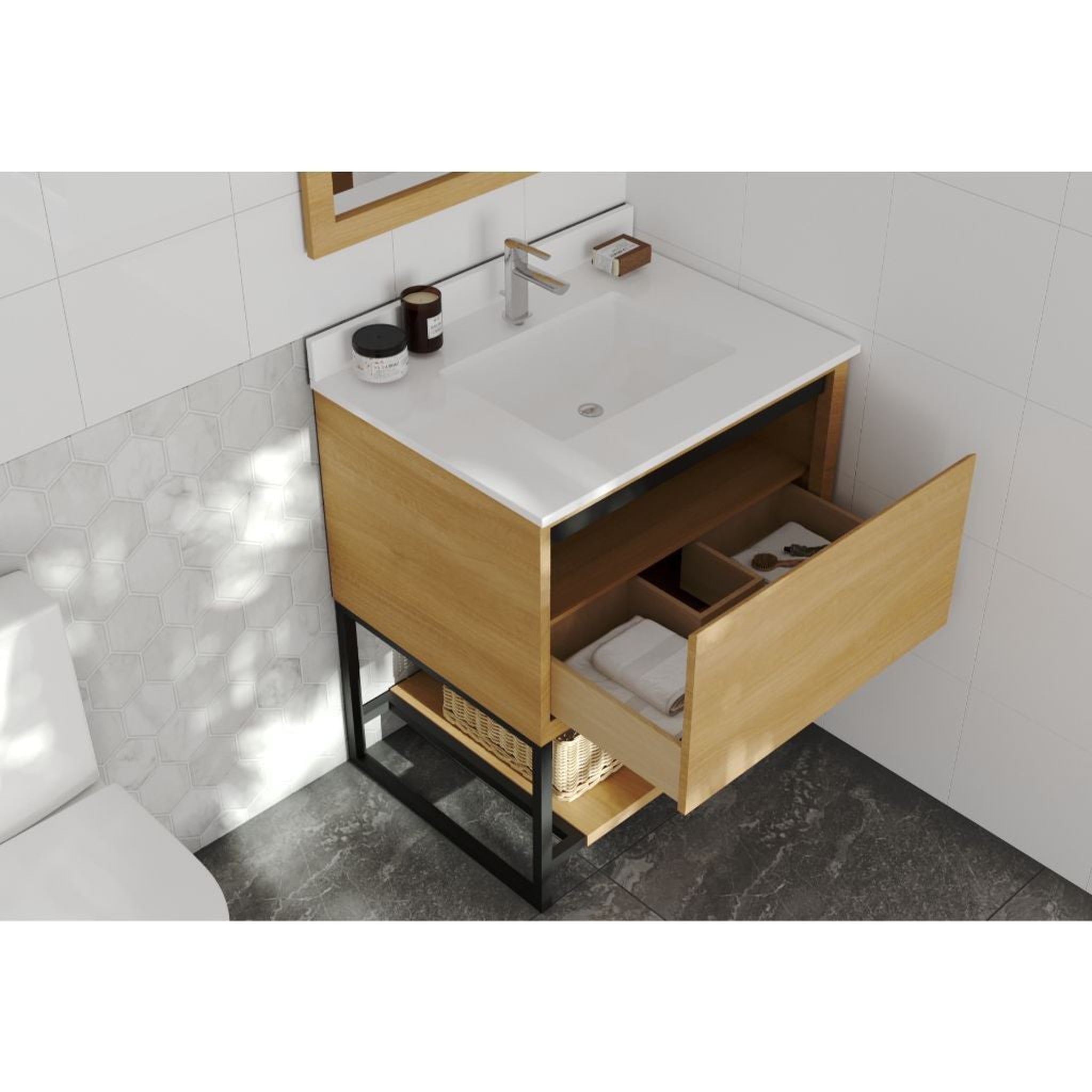 Laviva, Laviva Alto 30" California White Oak Vanity Base and White Quartz Countertop With Rectangular Ceramic Sink