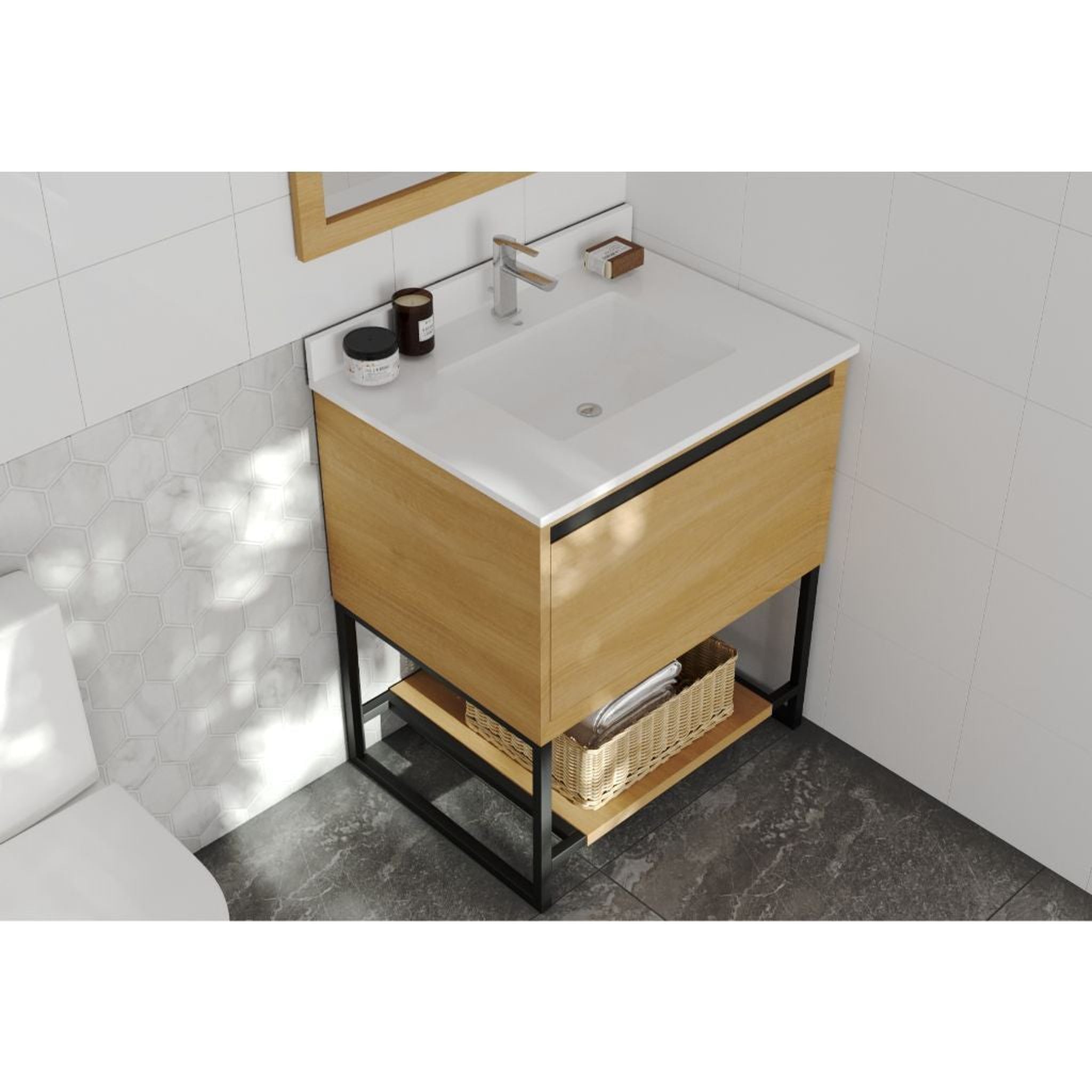 Laviva, Laviva Alto 30" California White Oak Vanity Base and White Quartz Countertop With Rectangular Ceramic Sink