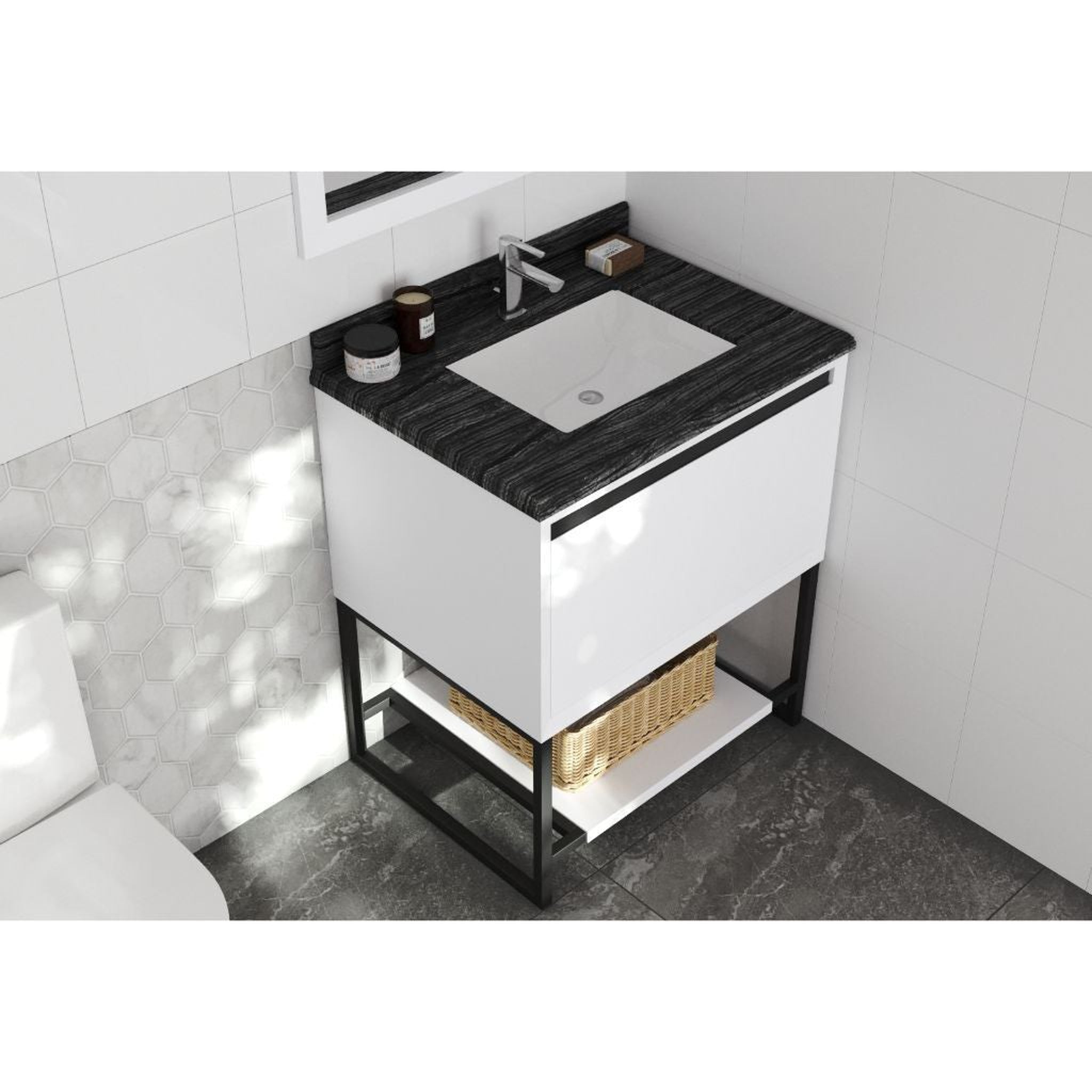 Laviva, Laviva Alto 30" White Vanity Base and Black Wood Marble Countertop With Rectangular Ceramic Sink