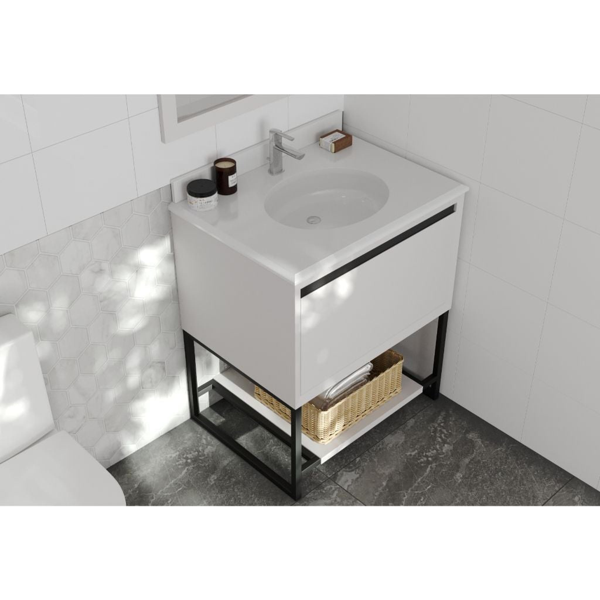 Laviva, Laviva Alto 30" White Vanity Base and Pure White Phoenix Stone Countertop With Oval Ceramic Sink