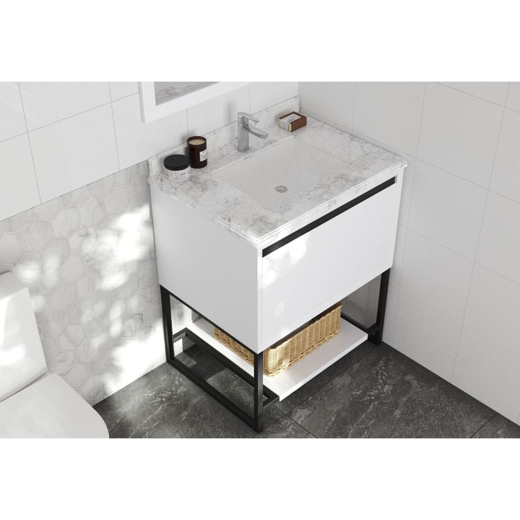 Laviva, Laviva Alto 30" White Vanity Base and White Carrara Marble Countertop With Rectangular Ceramic Sink