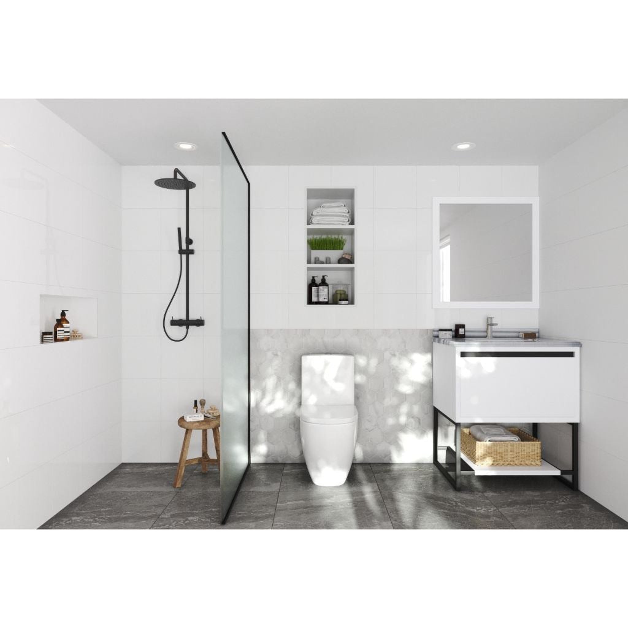 Laviva, Laviva Alto 30" White Vanity Base and White Stripes Marble Countertop With Rectangular Ceramic Sink