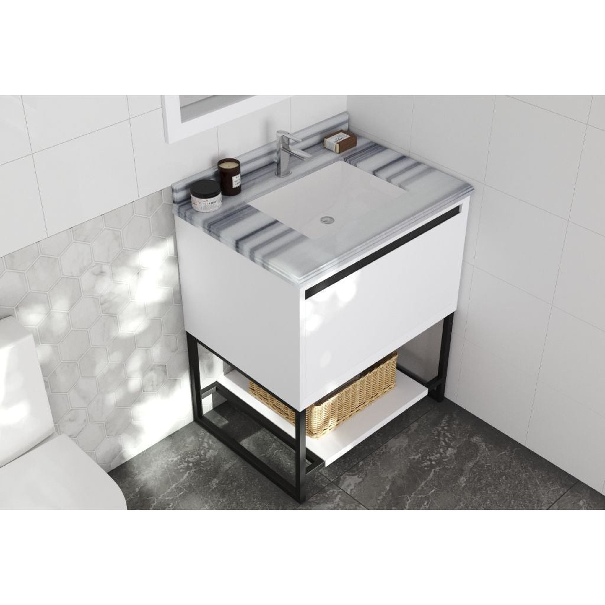 Laviva, Laviva Alto 30" White Vanity Base and White Stripes Marble Countertop With Rectangular Ceramic Sink