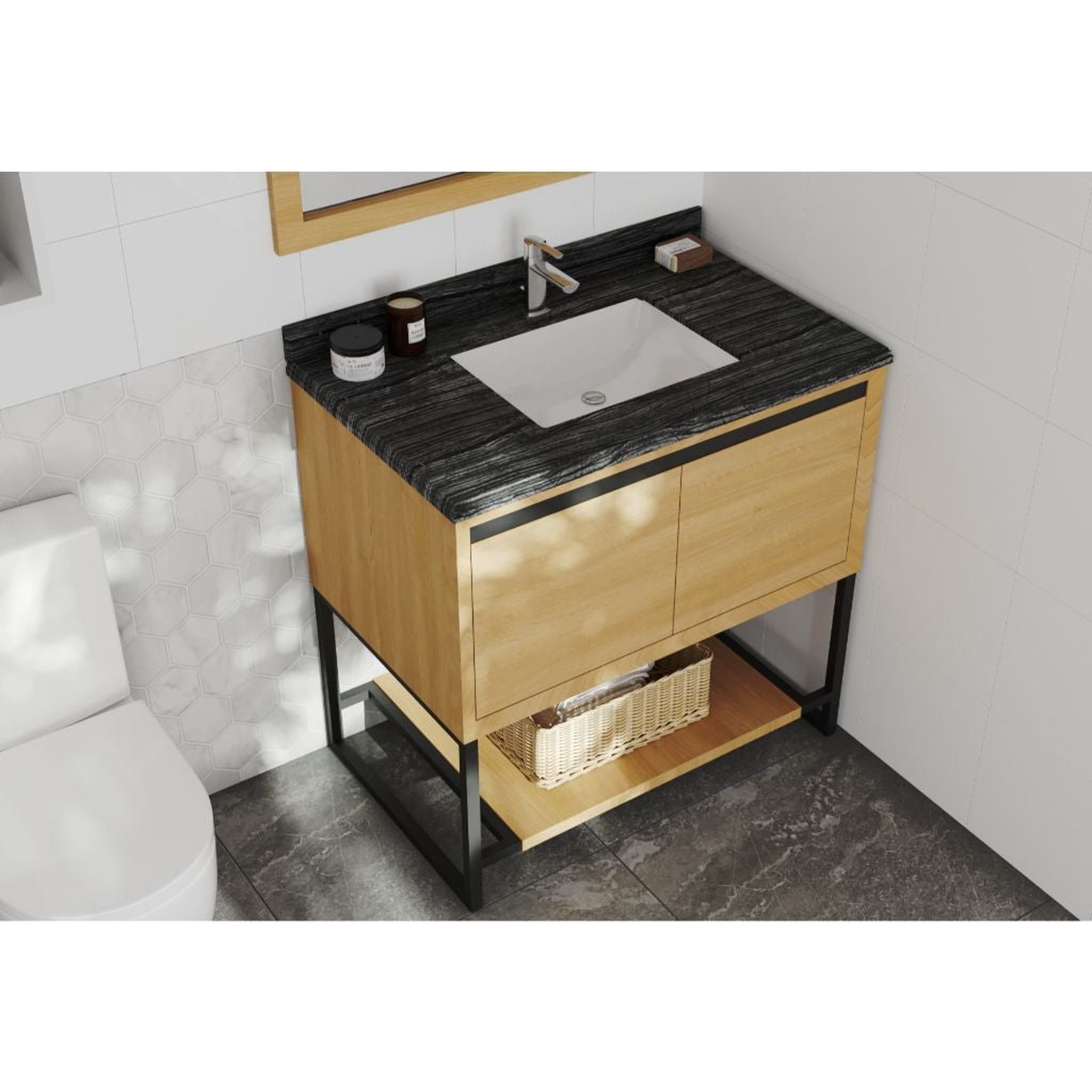 Laviva, Laviva Alto 36" California White Oak Vanity Base and Black Wood Marble Countertop With Rectangular Ceramic Sink