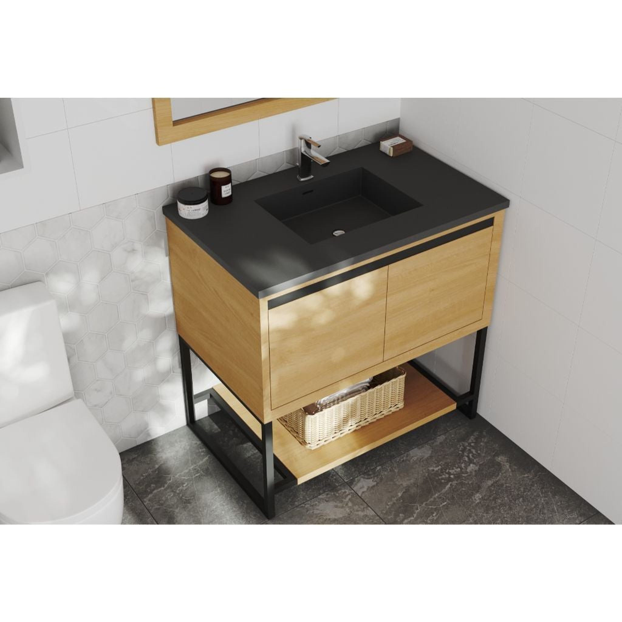 Laviva, Laviva Alto 36" California White Oak Vanity Base and Matte Black Solid Surface Countertop With Integrated Sink