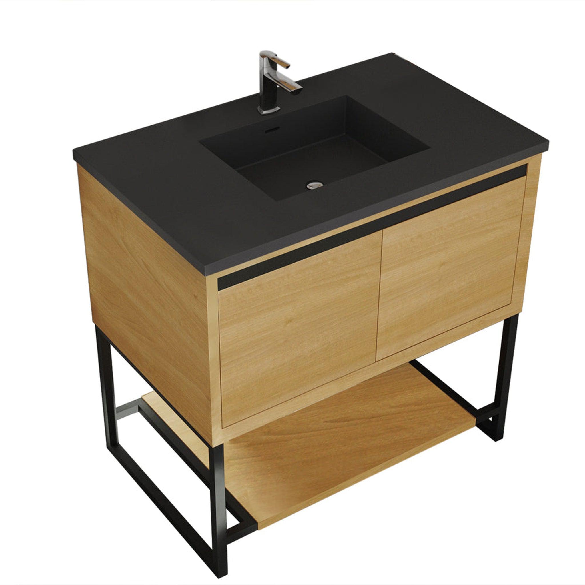 Laviva, Laviva Alto 36" California White Oak Vanity Base and Matte Black Solid Surface Countertop With Integrated Sink