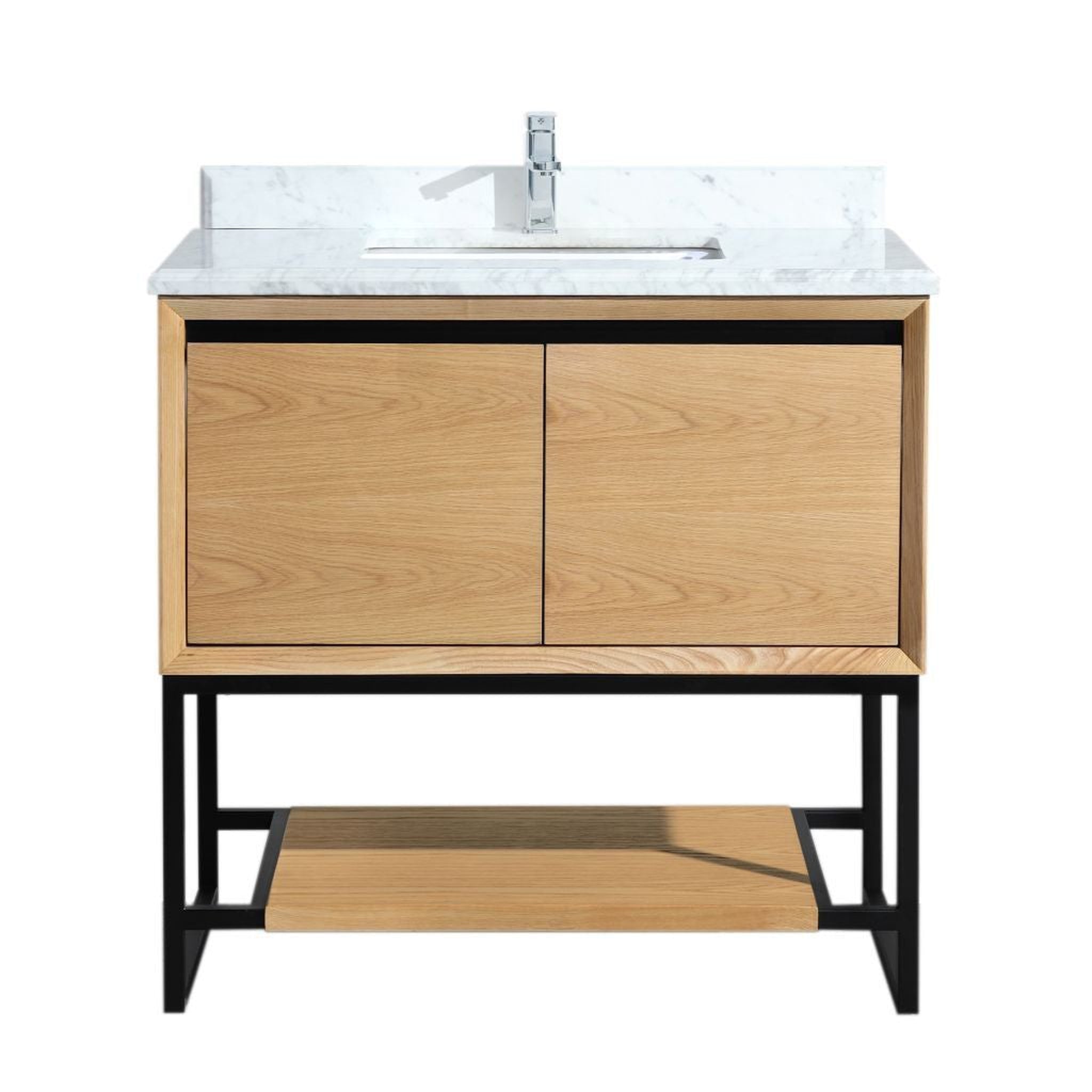 Laviva, Laviva Alto 36" California White Oak Vanity Base and White Carrara Marble Countertop With Rectangular Ceramic Sink