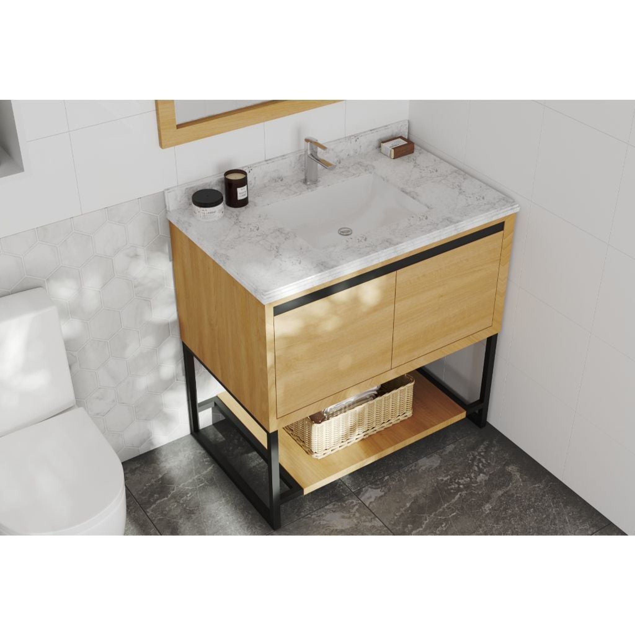 Laviva, Laviva Alto 36" California White Oak Vanity Base and White Carrara Marble Countertop With Rectangular Ceramic Sink