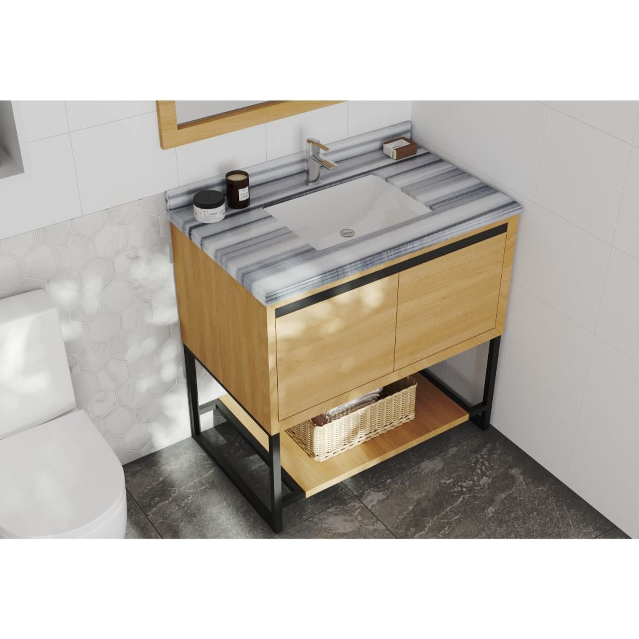 Laviva, Laviva Alto 36" California White Oak Vanity Base and White Stripes Marble Countertop With Rectangular Ceramic Sink