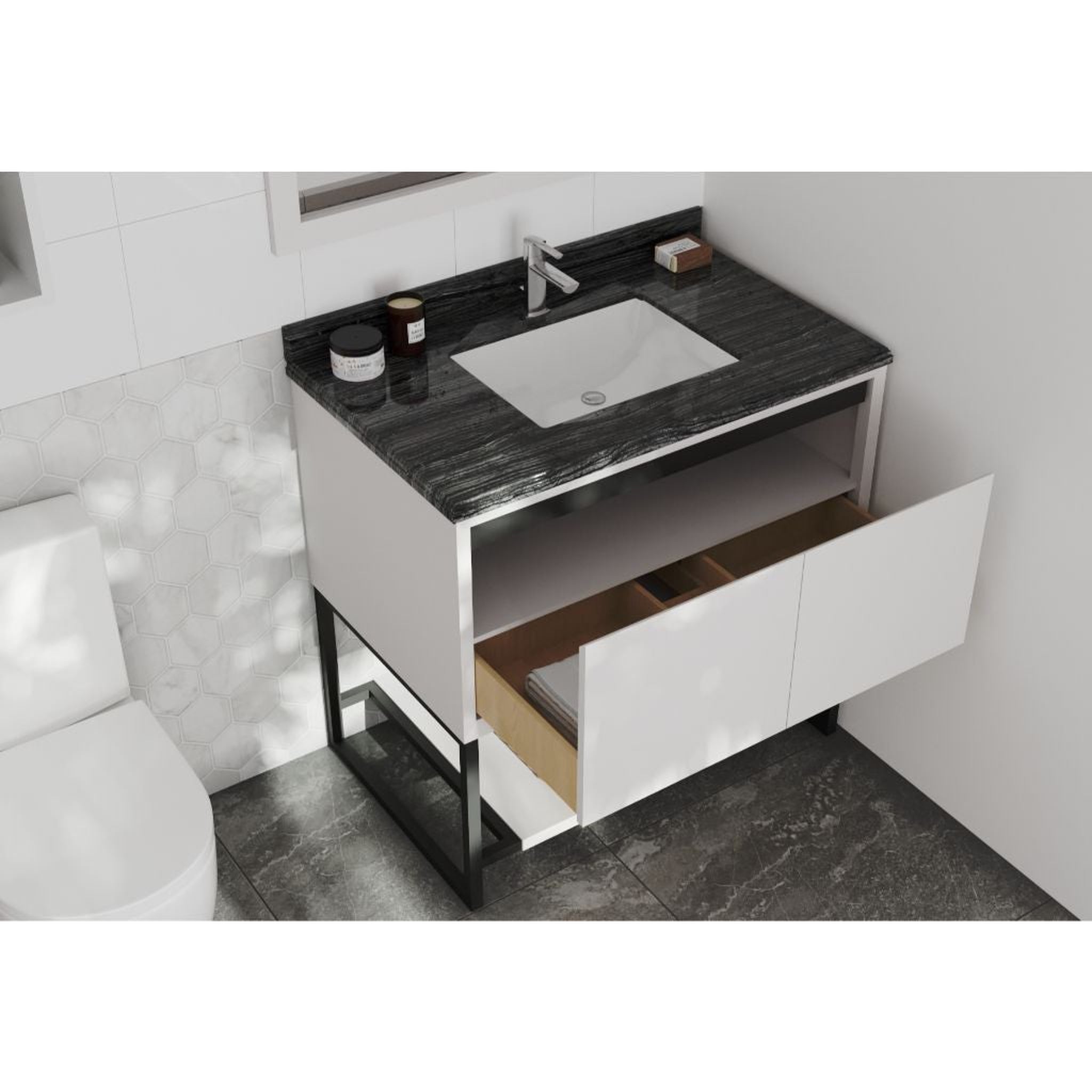 Laviva, Laviva Alto 36" White Vanity Base and Black Wood Marble Countertop With Rectangular Ceramic Sink