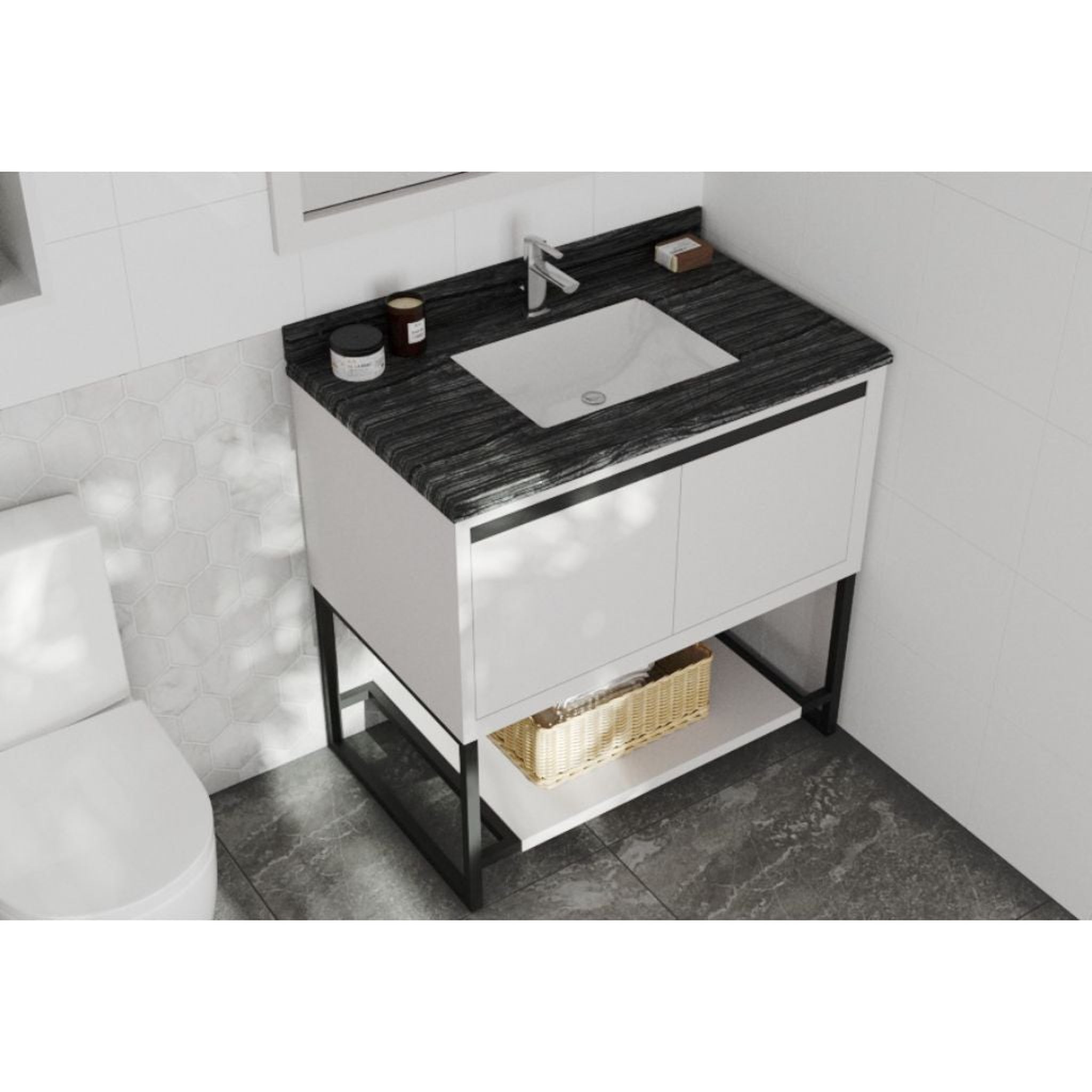 Laviva, Laviva Alto 36" White Vanity Base and Black Wood Marble Countertop With Rectangular Ceramic Sink