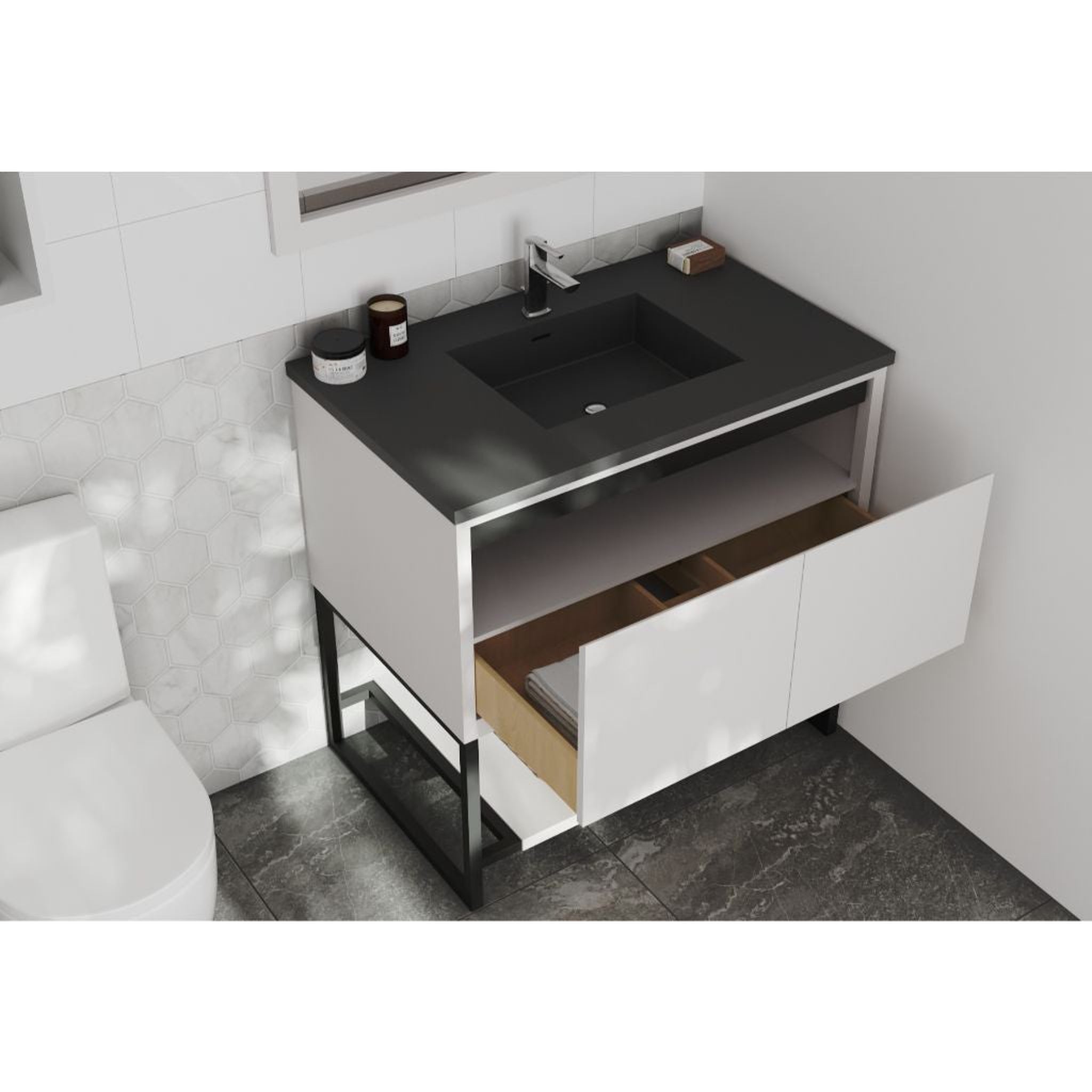 Laviva, Laviva Alto 36" White Vanity Base and Matte Black Solid Surface Countertop With Integrated Sink