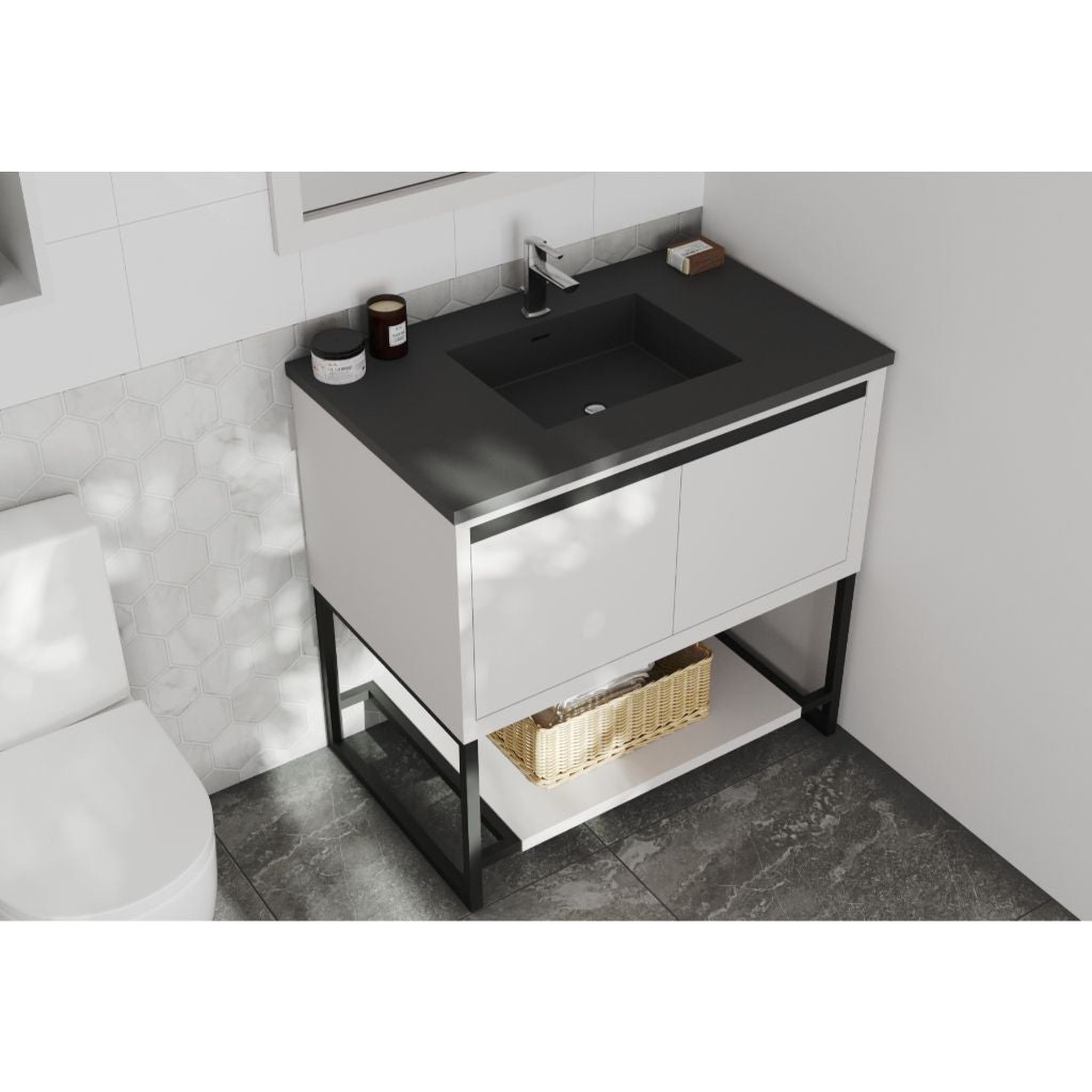 Laviva, Laviva Alto 36" White Vanity Base and Matte Black Solid Surface Countertop With Integrated Sink