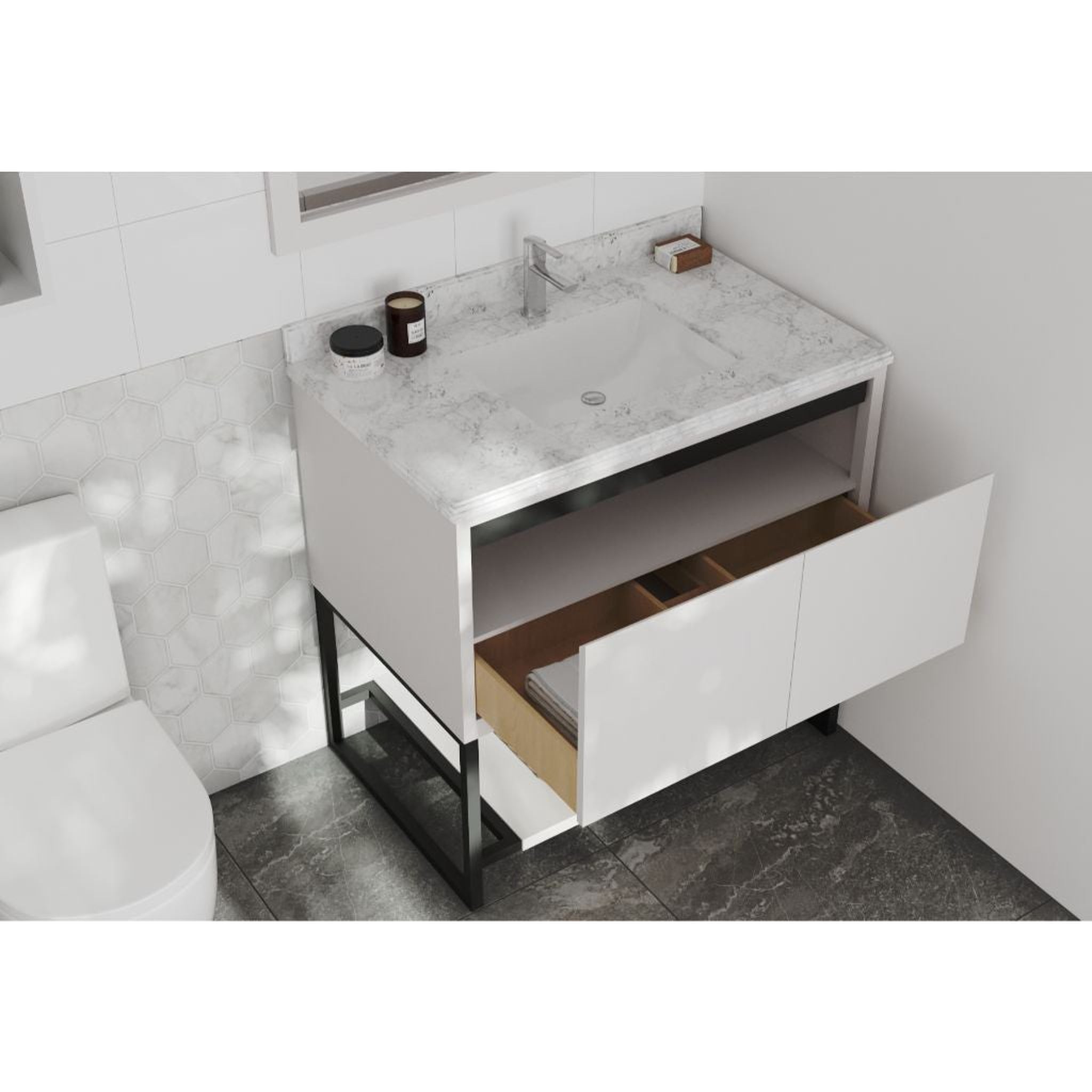 Laviva, Laviva Alto 36" White Vanity Base and White Carrara Marble Countertop With Rectangular Ceramic Sink