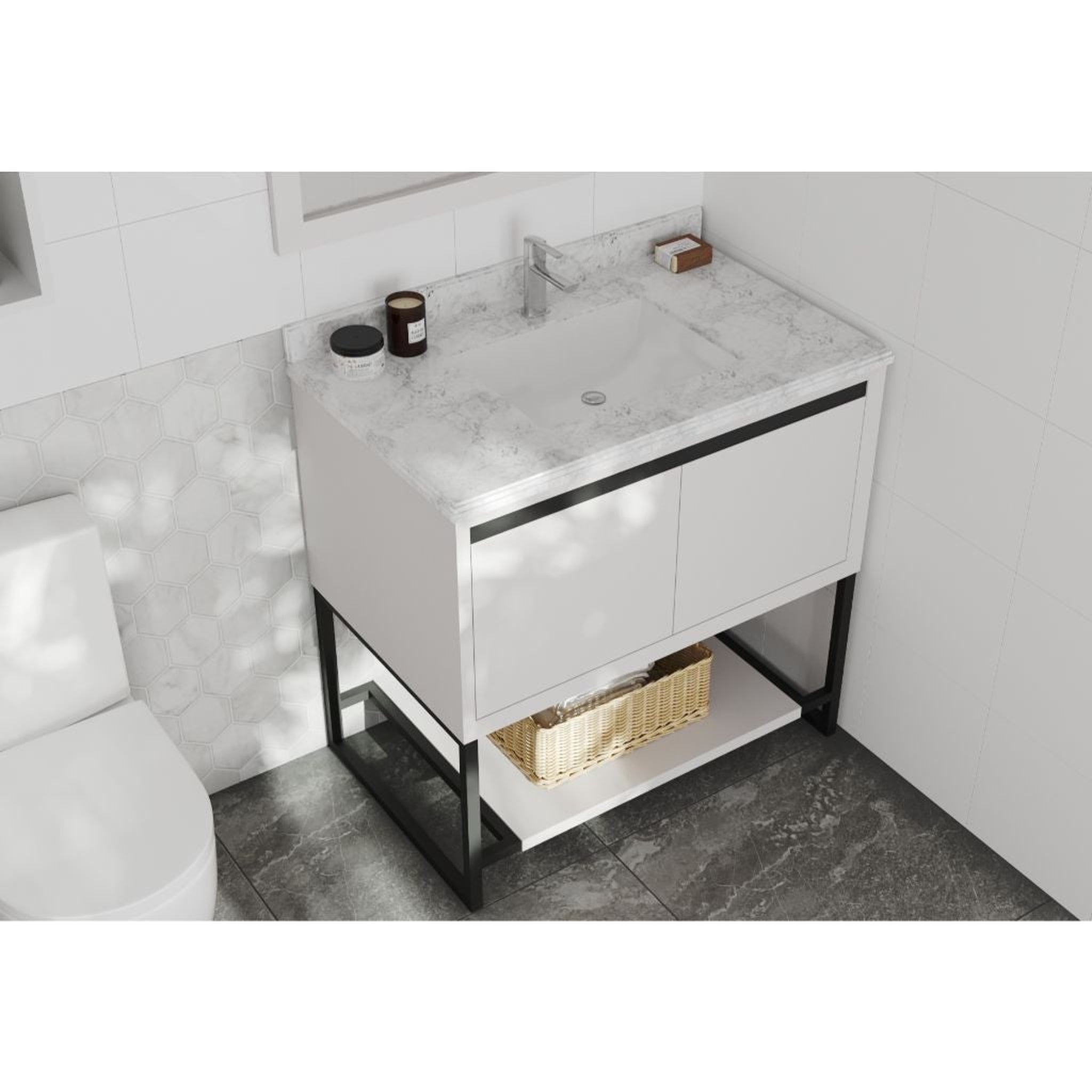 Laviva, Laviva Alto 36" White Vanity Base and White Carrara Marble Countertop With Rectangular Ceramic Sink