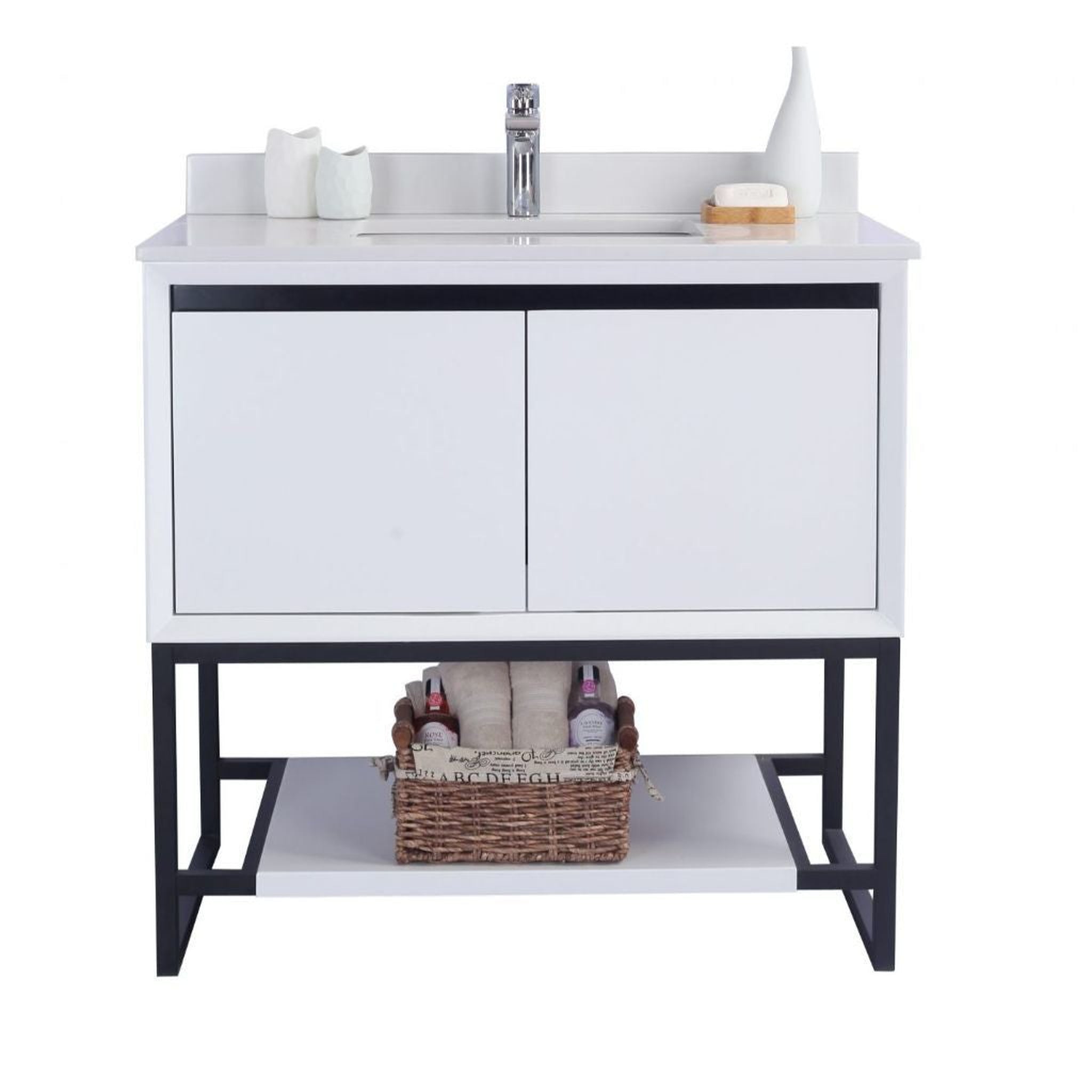 Laviva, Laviva Alto 36" White Vanity Base and White Quartz Countertop With Rectangular Ceramic Sink