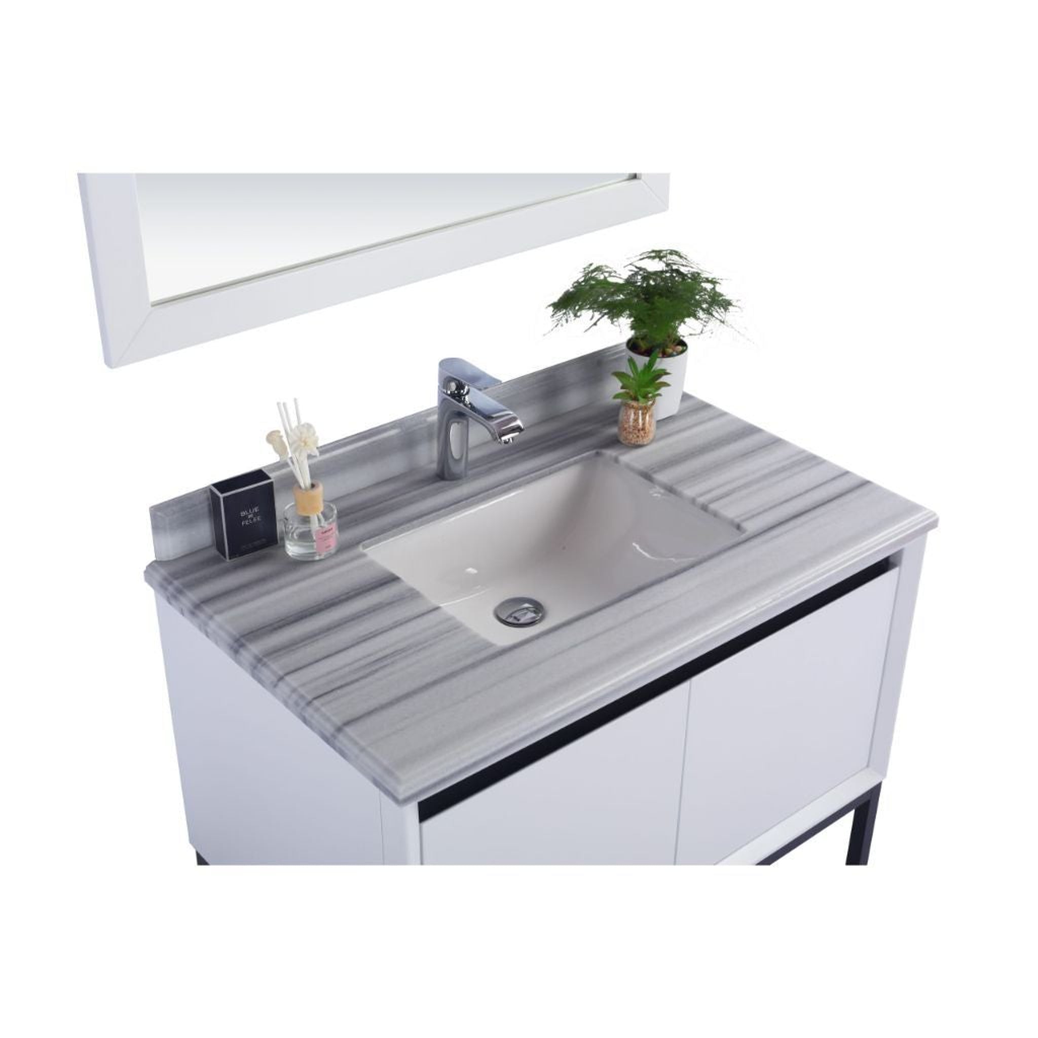 Laviva, Laviva Alto 36" White  Vanity Base and White Stripes Marble Countertop With Rectangular Ceramic Sink