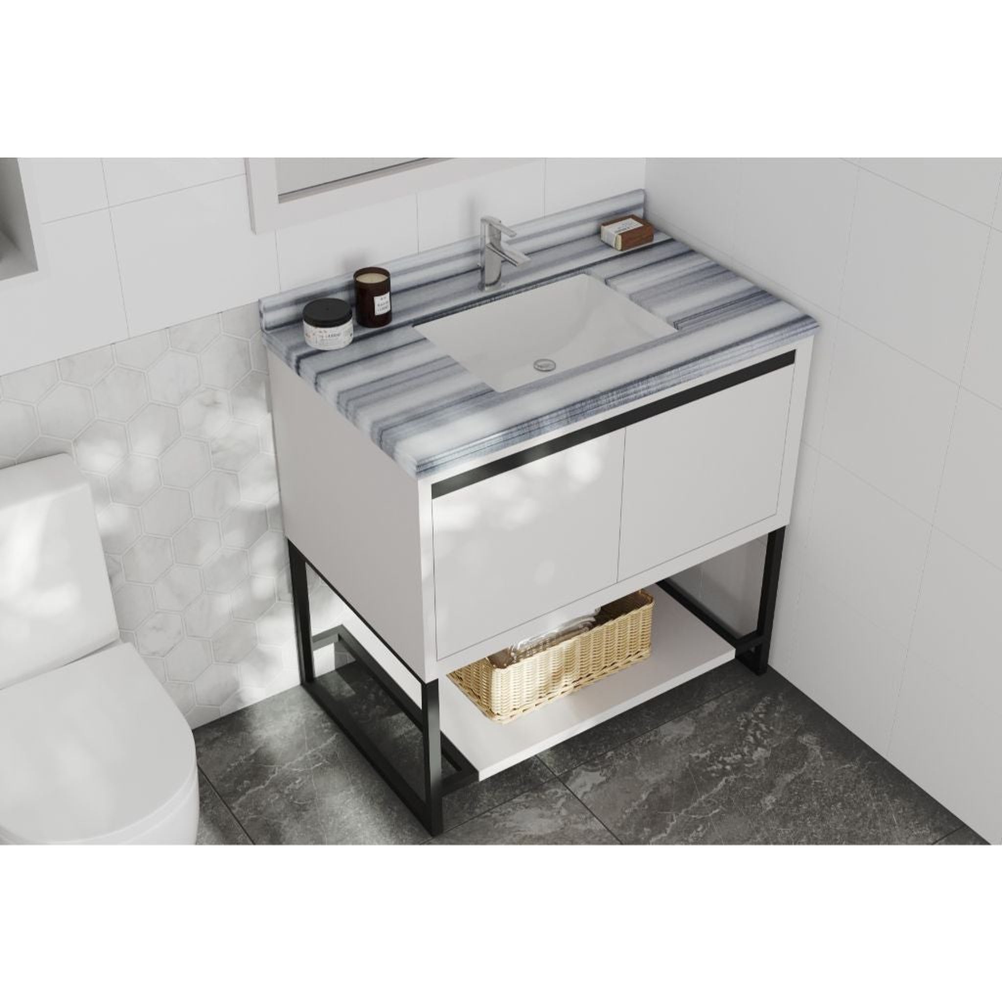 Laviva, Laviva Alto 36" White  Vanity Base and White Stripes Marble Countertop With Rectangular Ceramic Sink