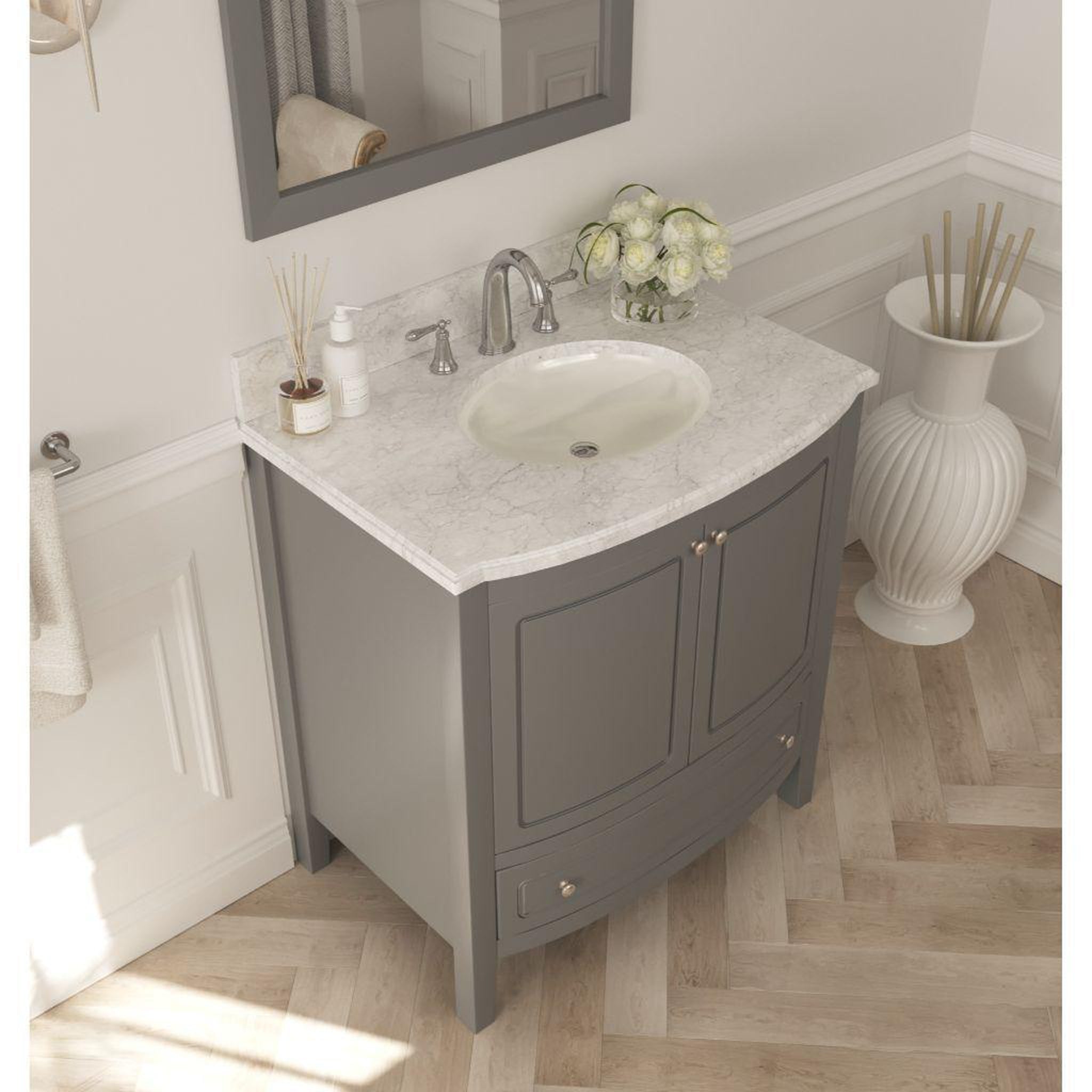 Laviva, Laviva Estella 32" Freestanding Gray Vanity Base and White Carrara Marble Countertop With Oval Ceramic Sink