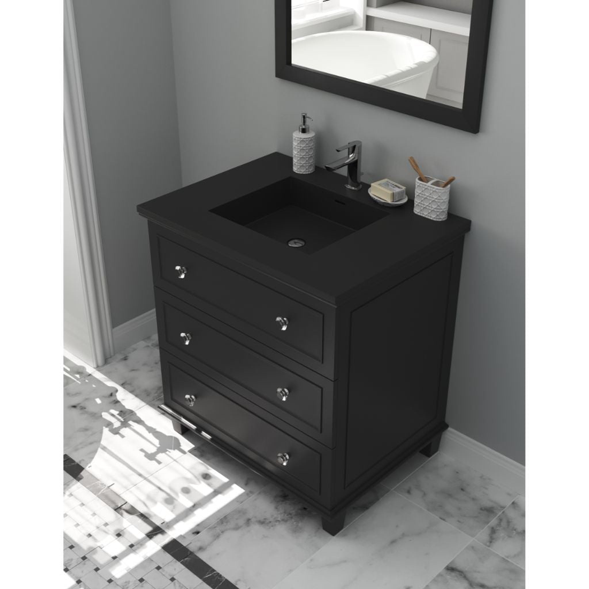 Laviva, Laviva Luna 30" Espresso Vanity Base and Matte Black Viva Stone Solid Surface Countertop With Integrated Sink