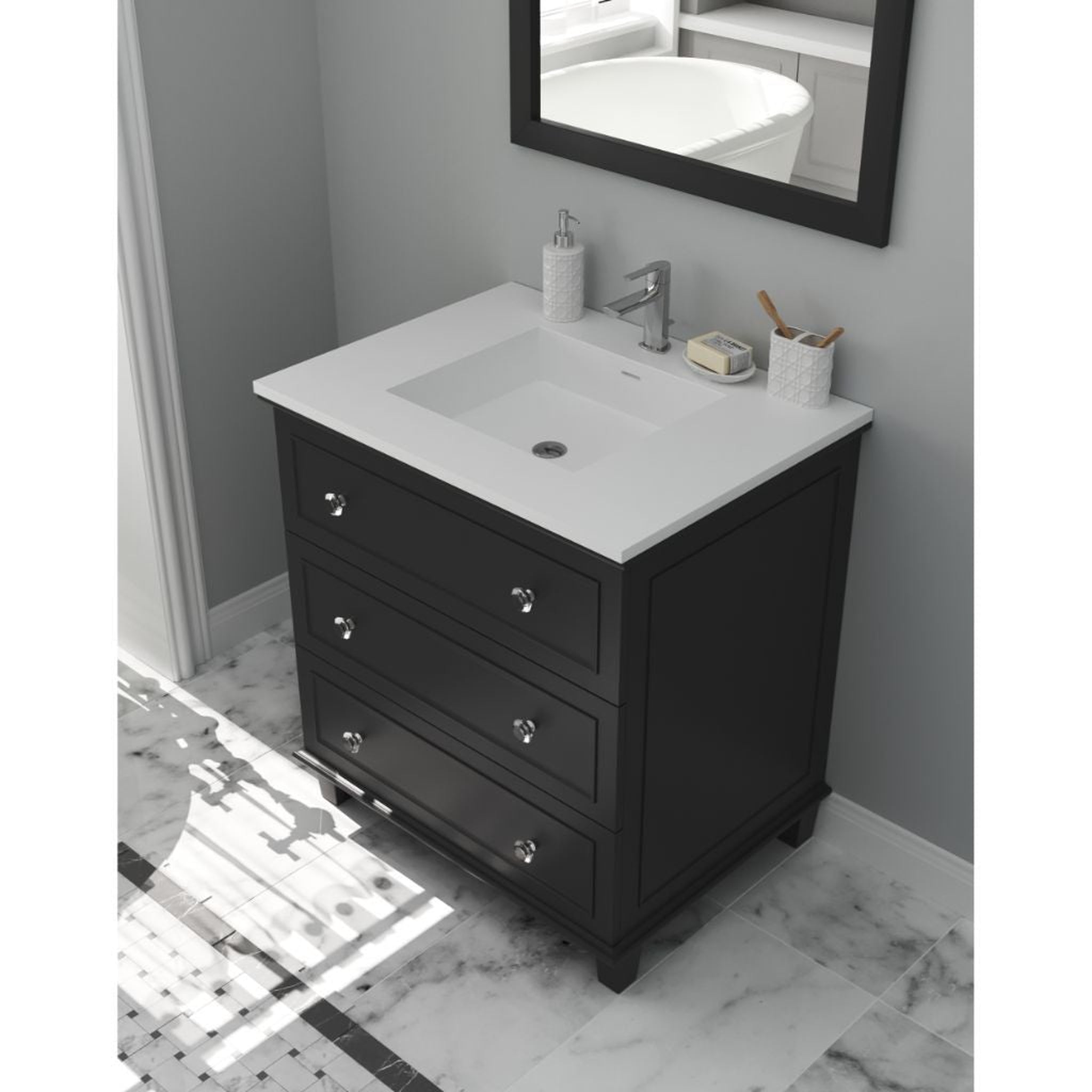 Laviva, Laviva Luna 30" Espresso Vanity Base and Matte White Viva Stone Solid Surface Countertop With Integrated Sink