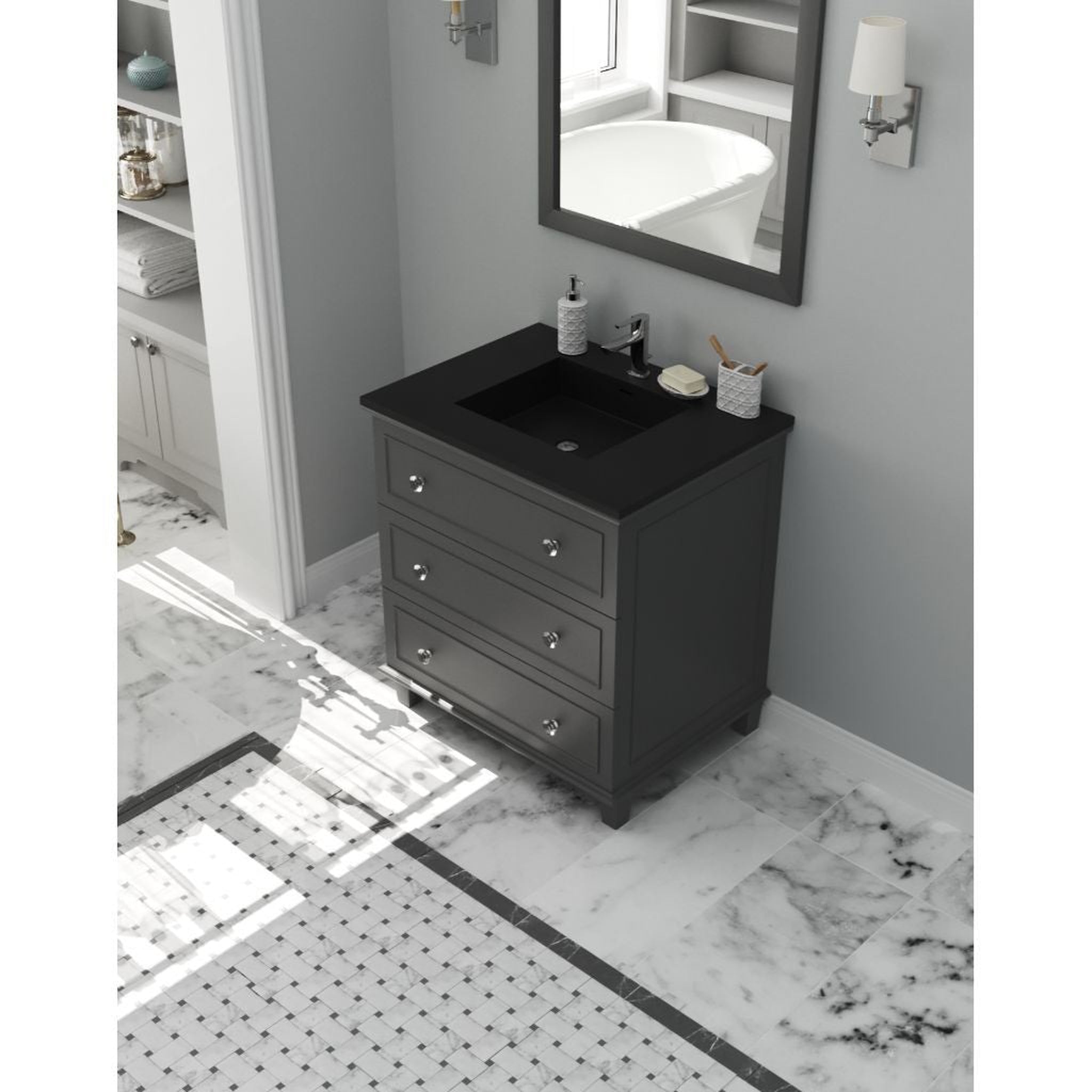 Laviva, Laviva Luna 30" Maple Gray Vanity Base and Matte Black Viva Stone Solid Surface Countertop With Integrated Sink